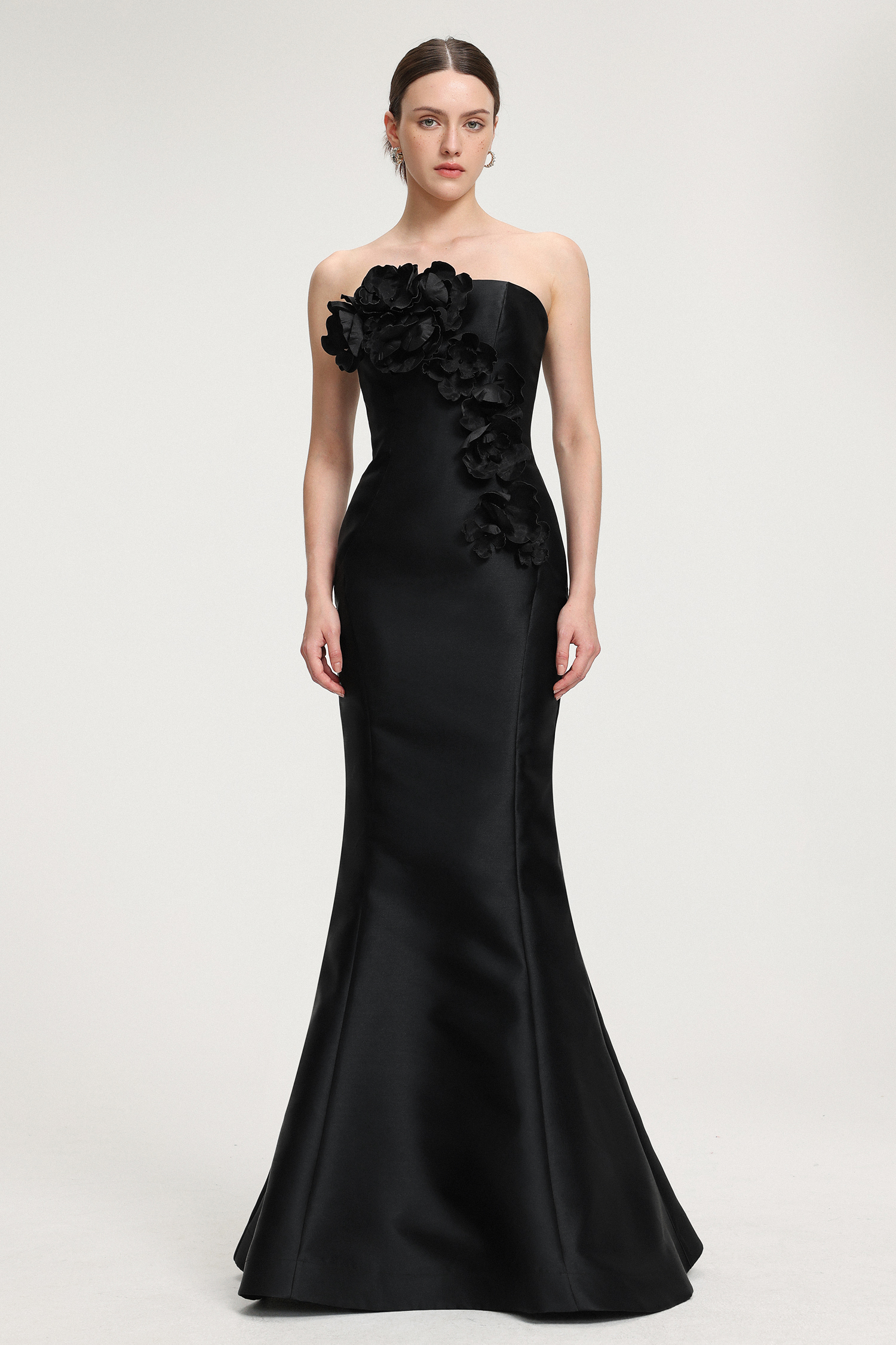 3D Floral - Embellished Strapless Satin Mermaid Maxi Dress