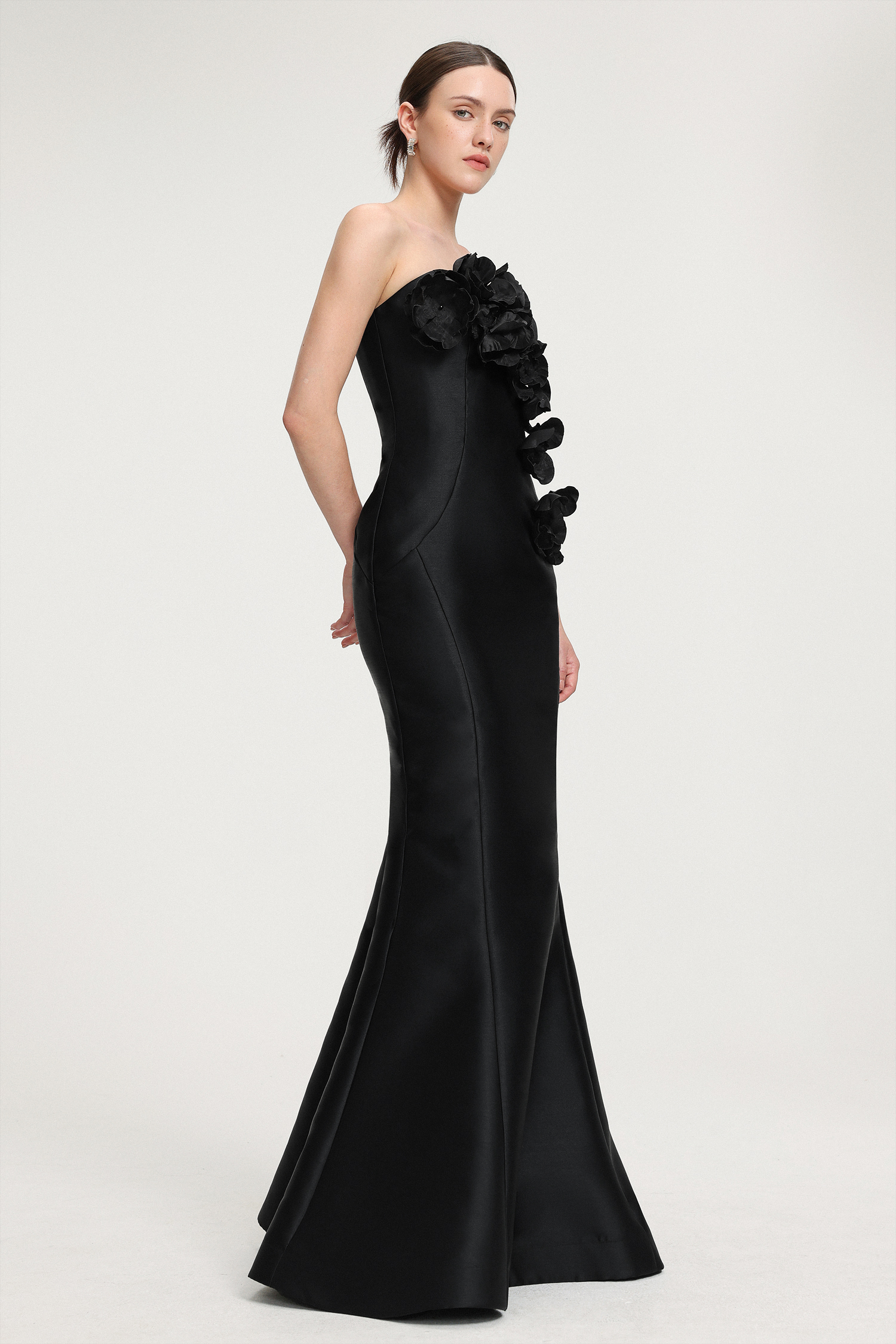 3D Floral - Embellished Strapless Satin Mermaid Maxi Dress