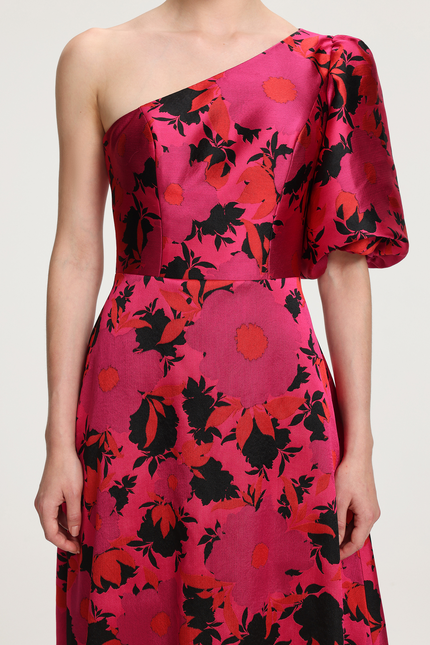 Floral-Printed One-Shoulder Satin Maxi Dress