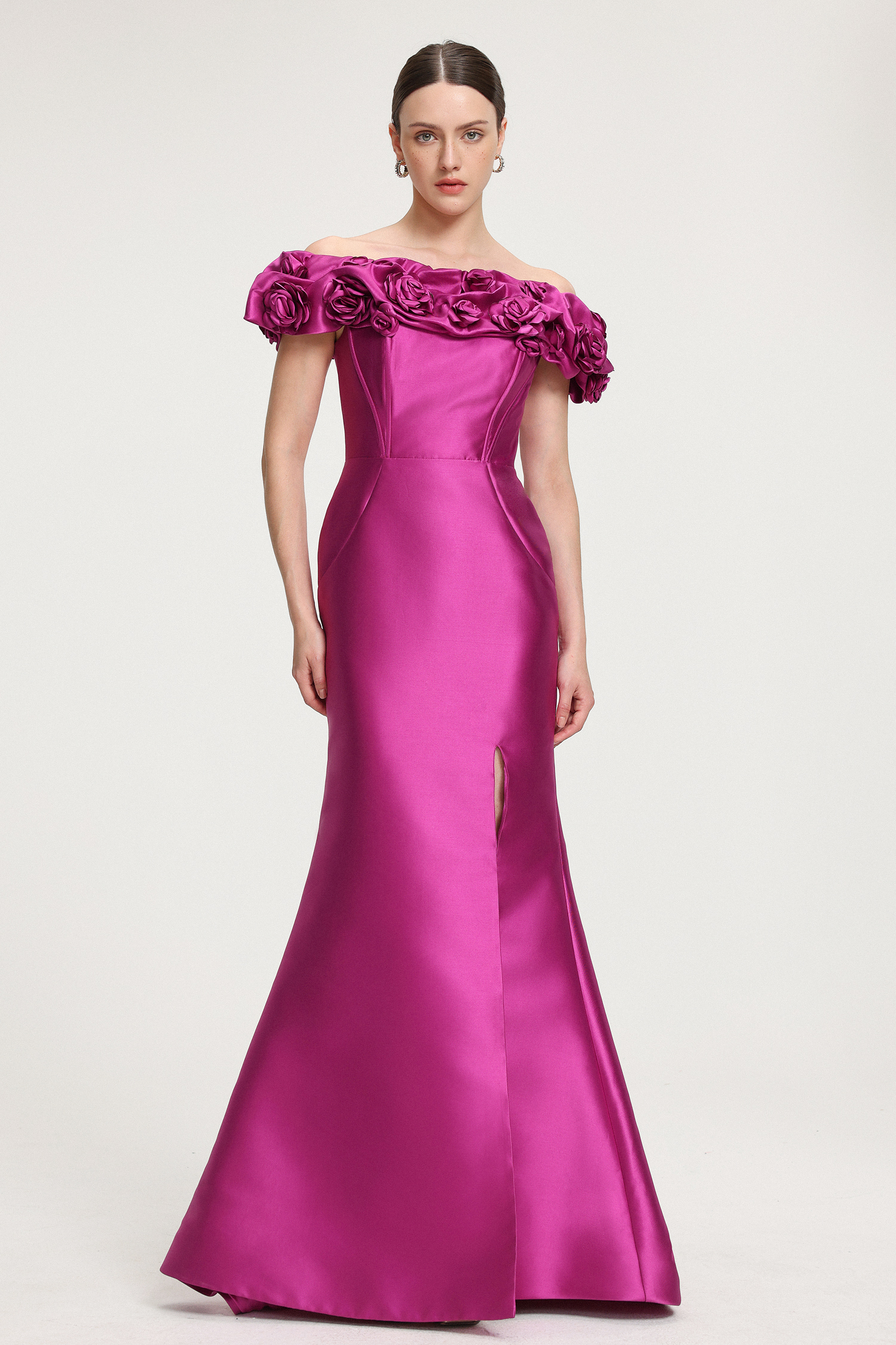 Rose-Embellished Satin Off-Shoulder Maxi Dress