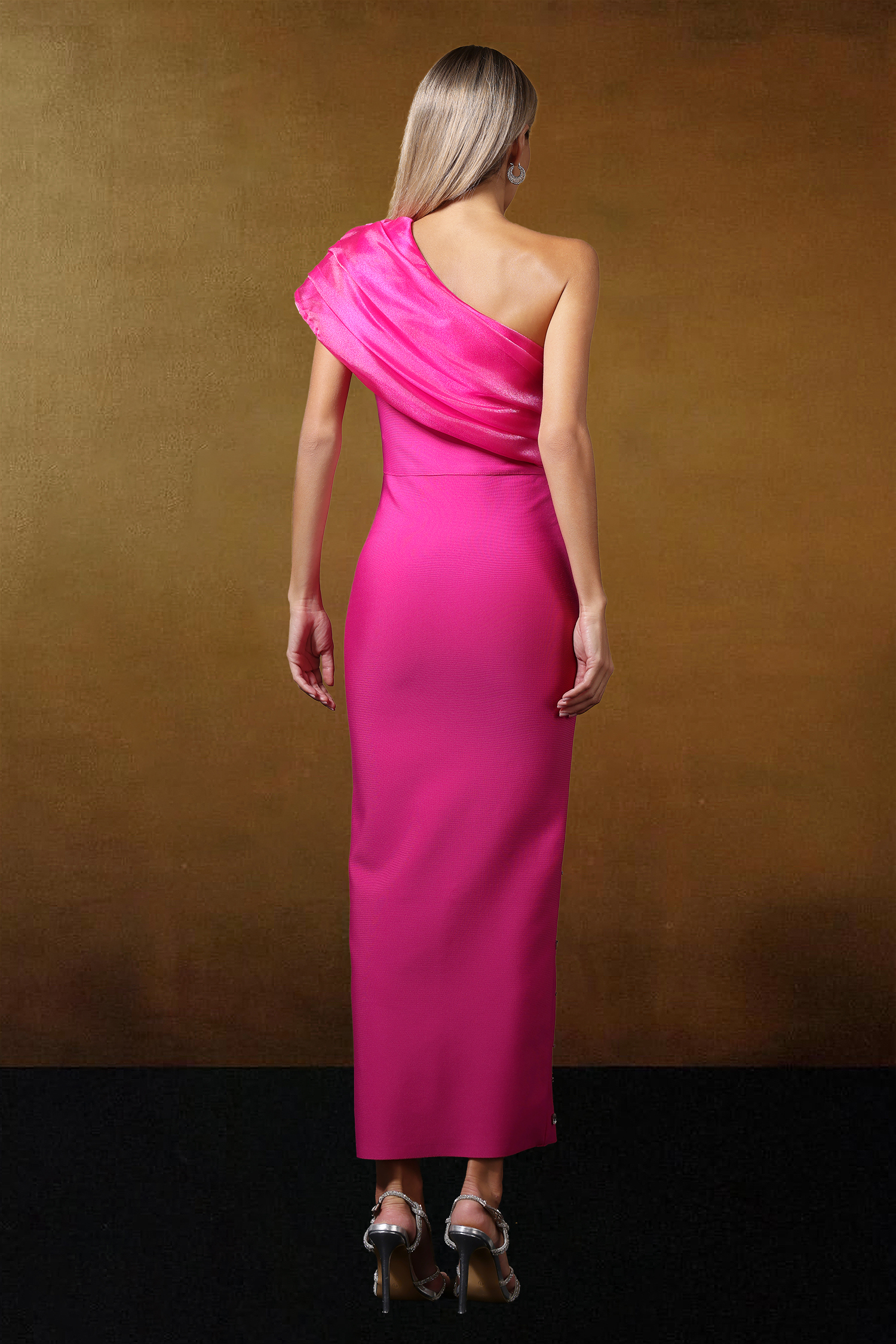 Pana One Shoulder Diamond Slim Bandage Rose Pink Maxi Dress