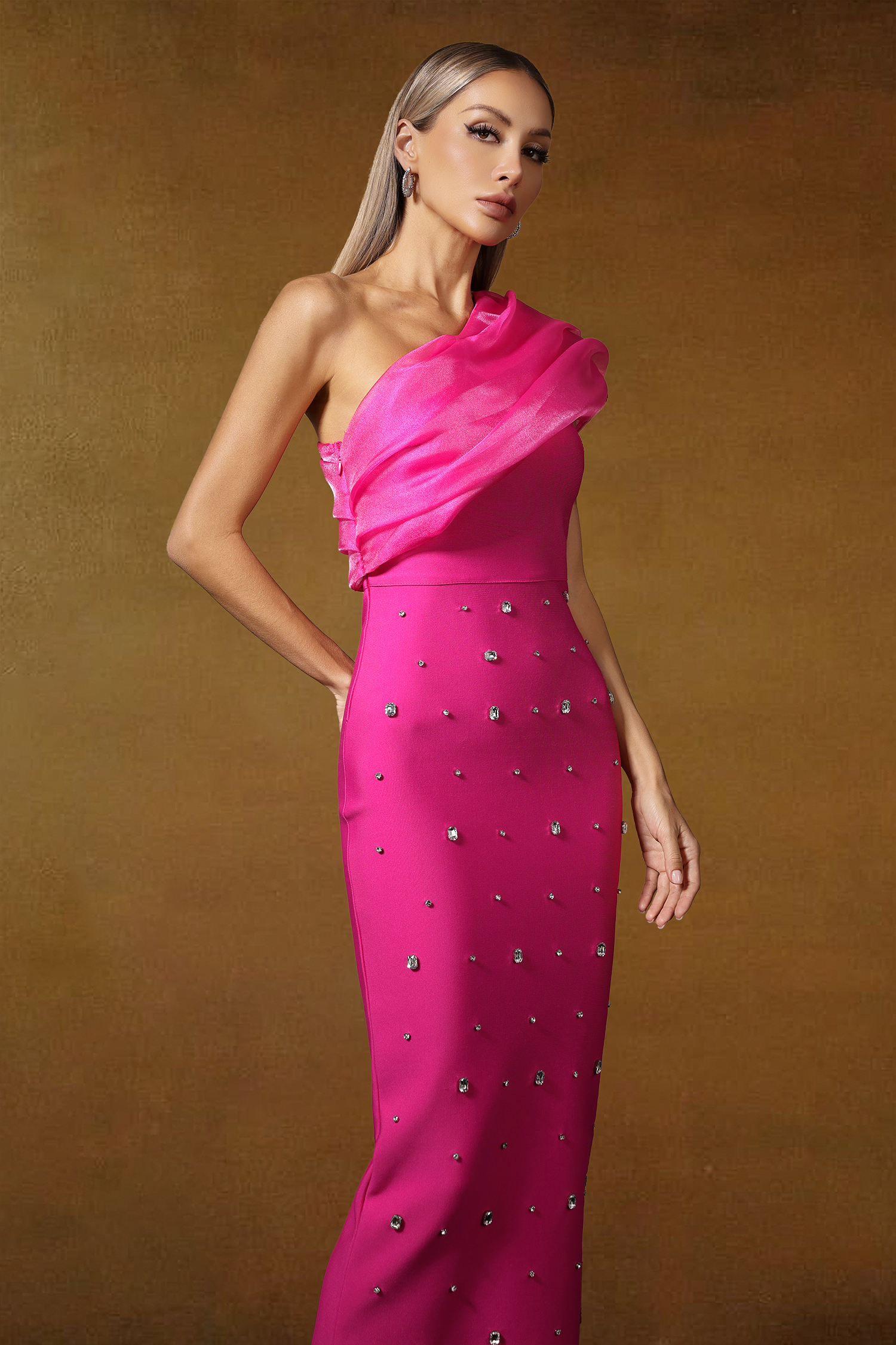 Pana One Shoulder Diamond Slim Bandage Rose Pink Maxi Dress