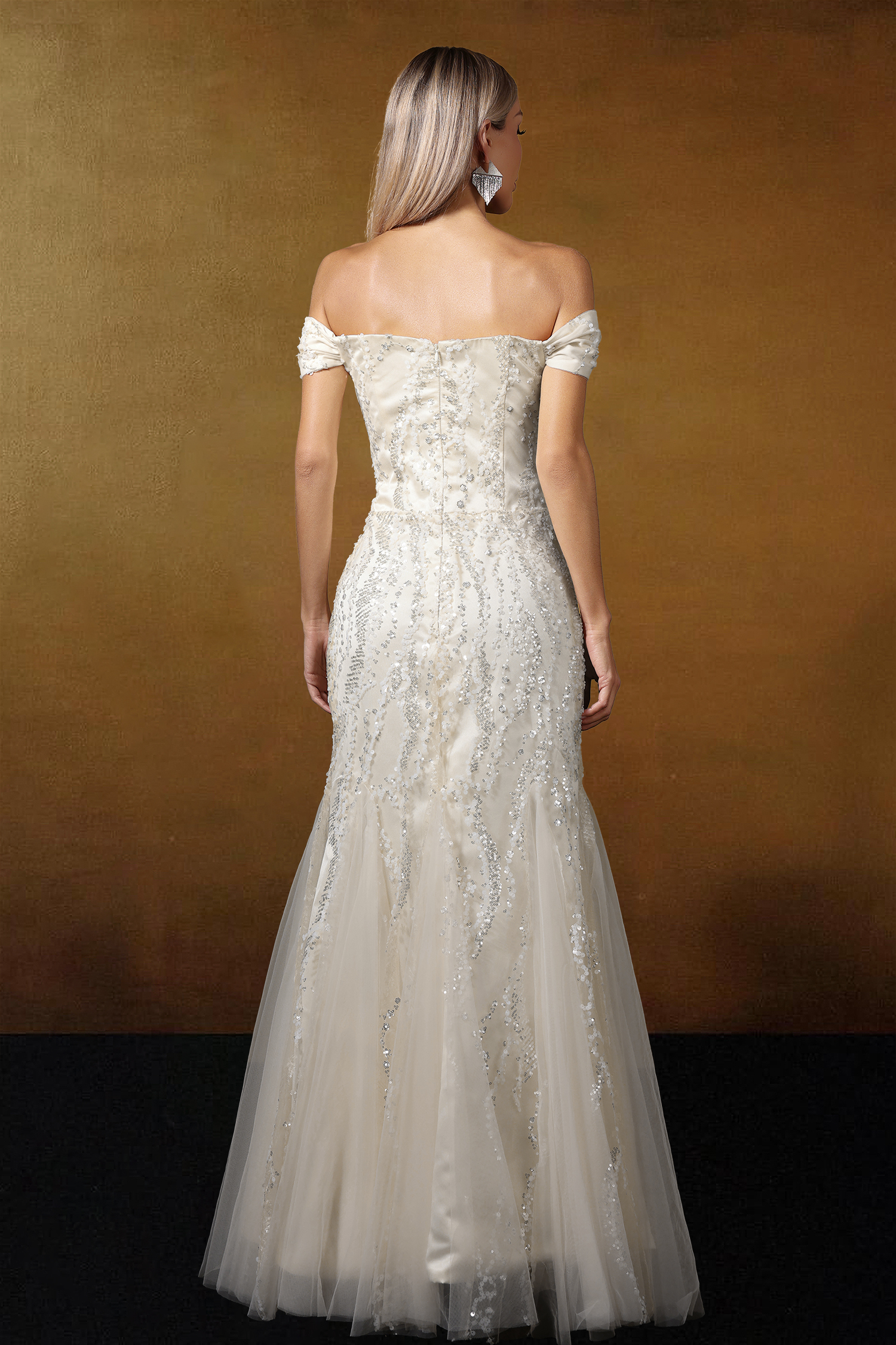 Kassy Off Shoulder Sequin Embroidered Maxi Dress