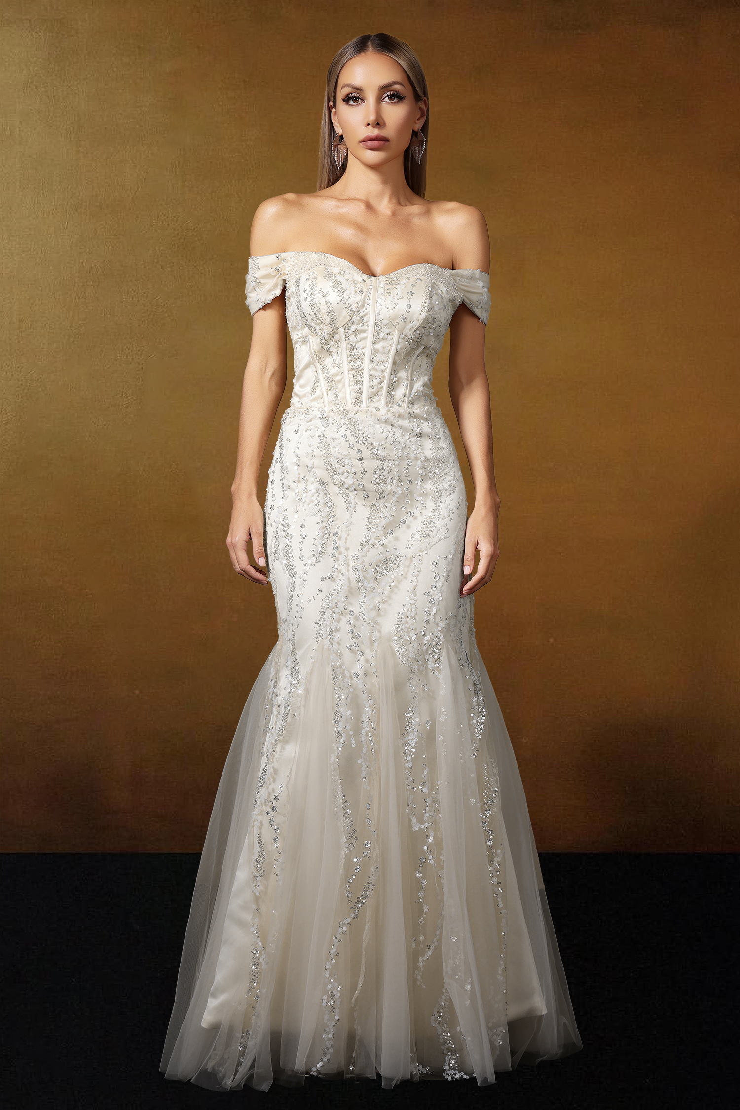 Kassy Off Shoulder Sequin Embroidered Maxi Dress