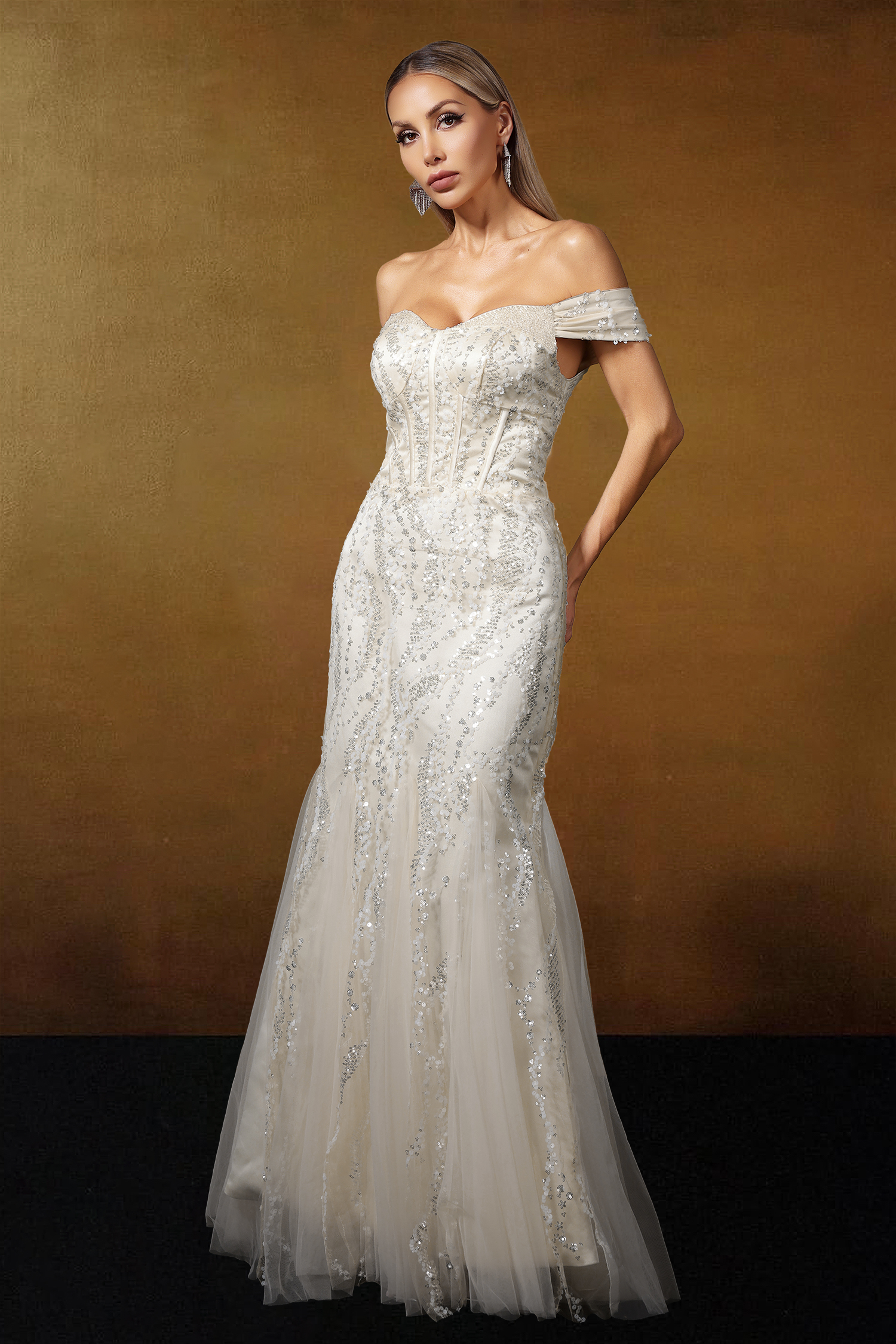 Kassy Off Shoulder Sequin Embroidered Maxi Dress