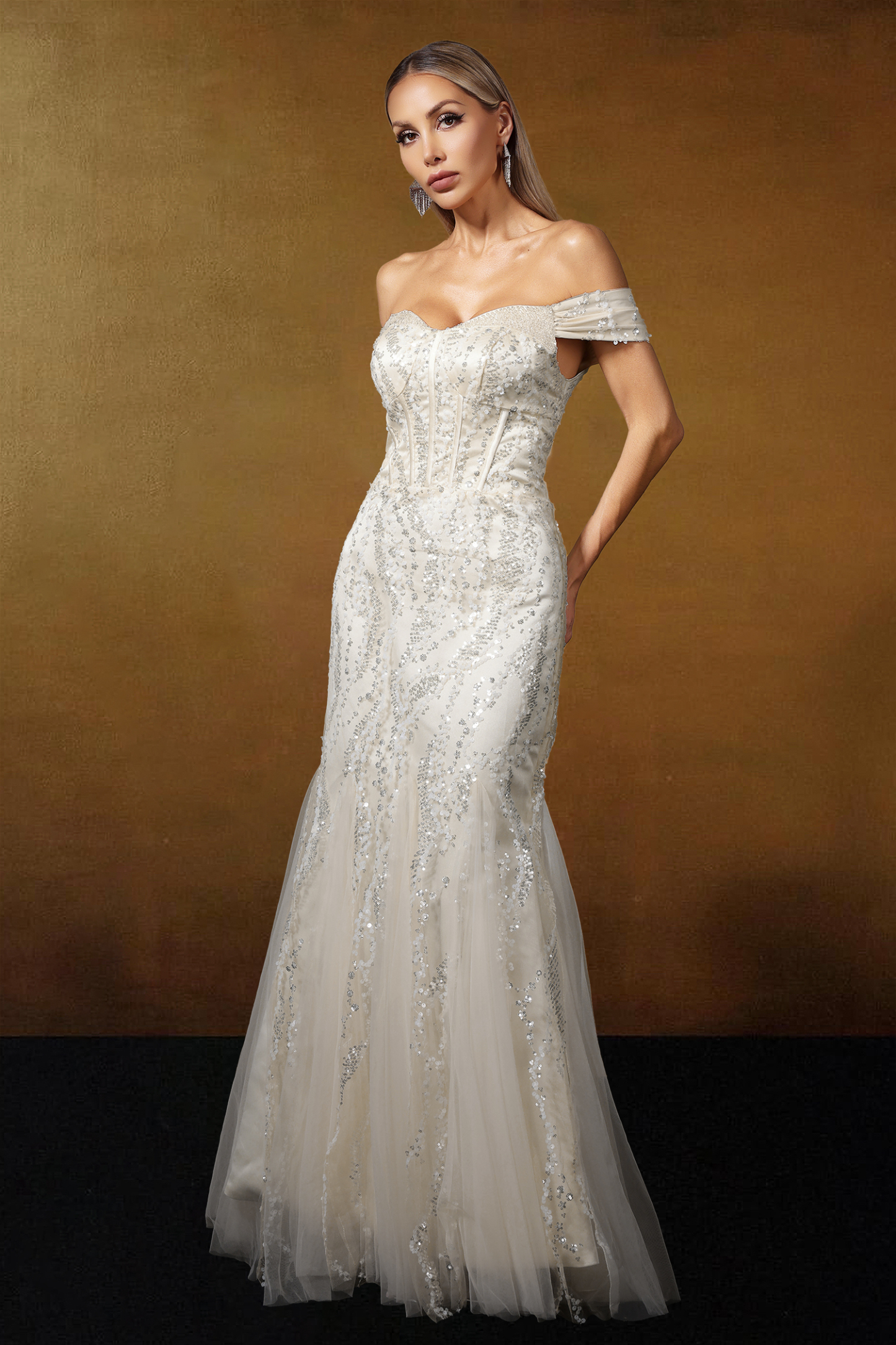 Kassy Off Shoulder Sequin Embroidered Maxi Dress