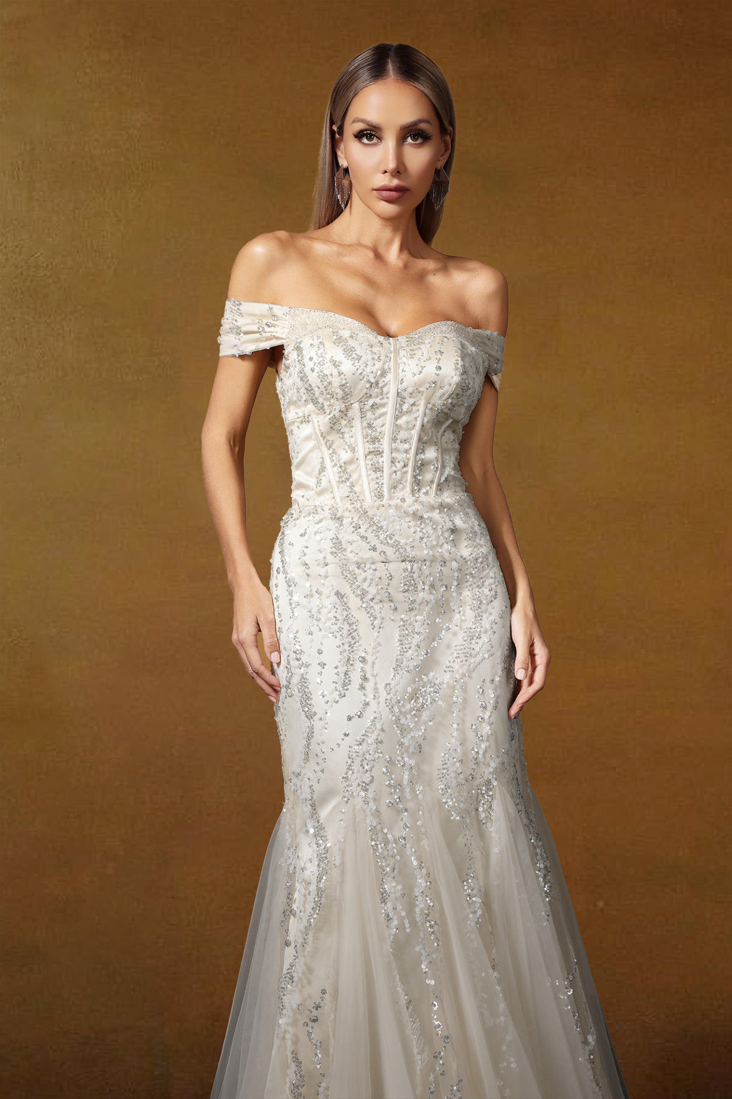 Kassy Off Shoulder Sequin Embroidered Maxi Dress