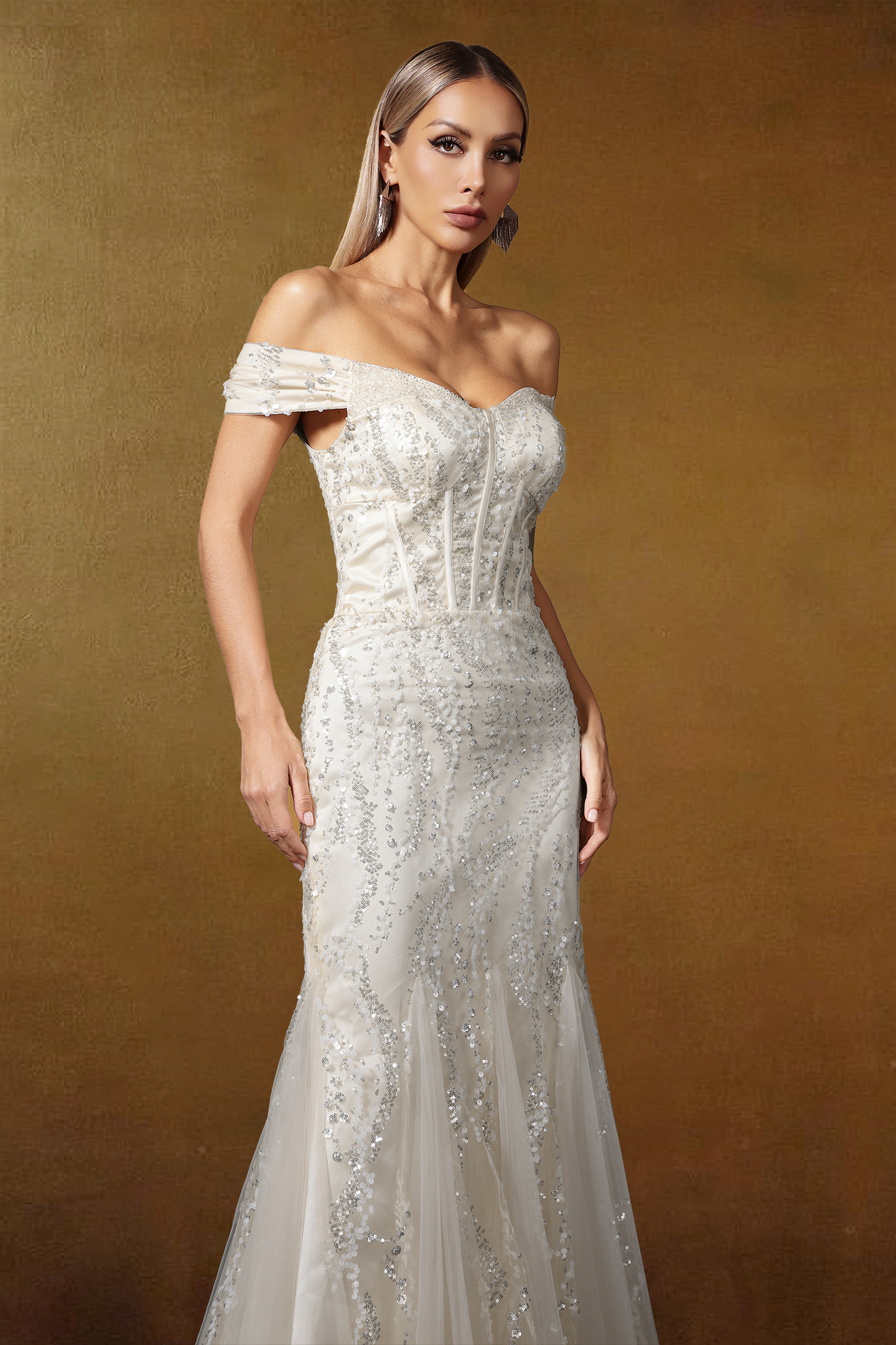 Kassy Off Shoulder Sequin Embroidered Maxi Dress