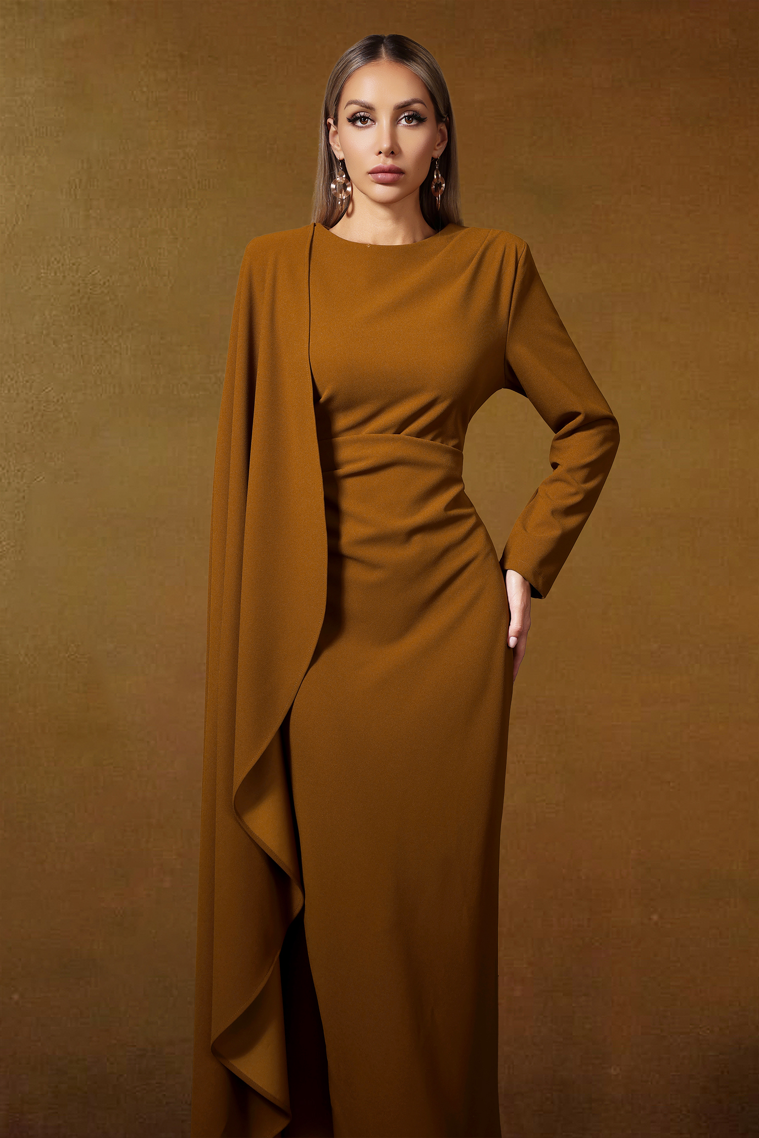 Haka Long Sleeve Asymmetrical Cape Pleated Maxi Dress