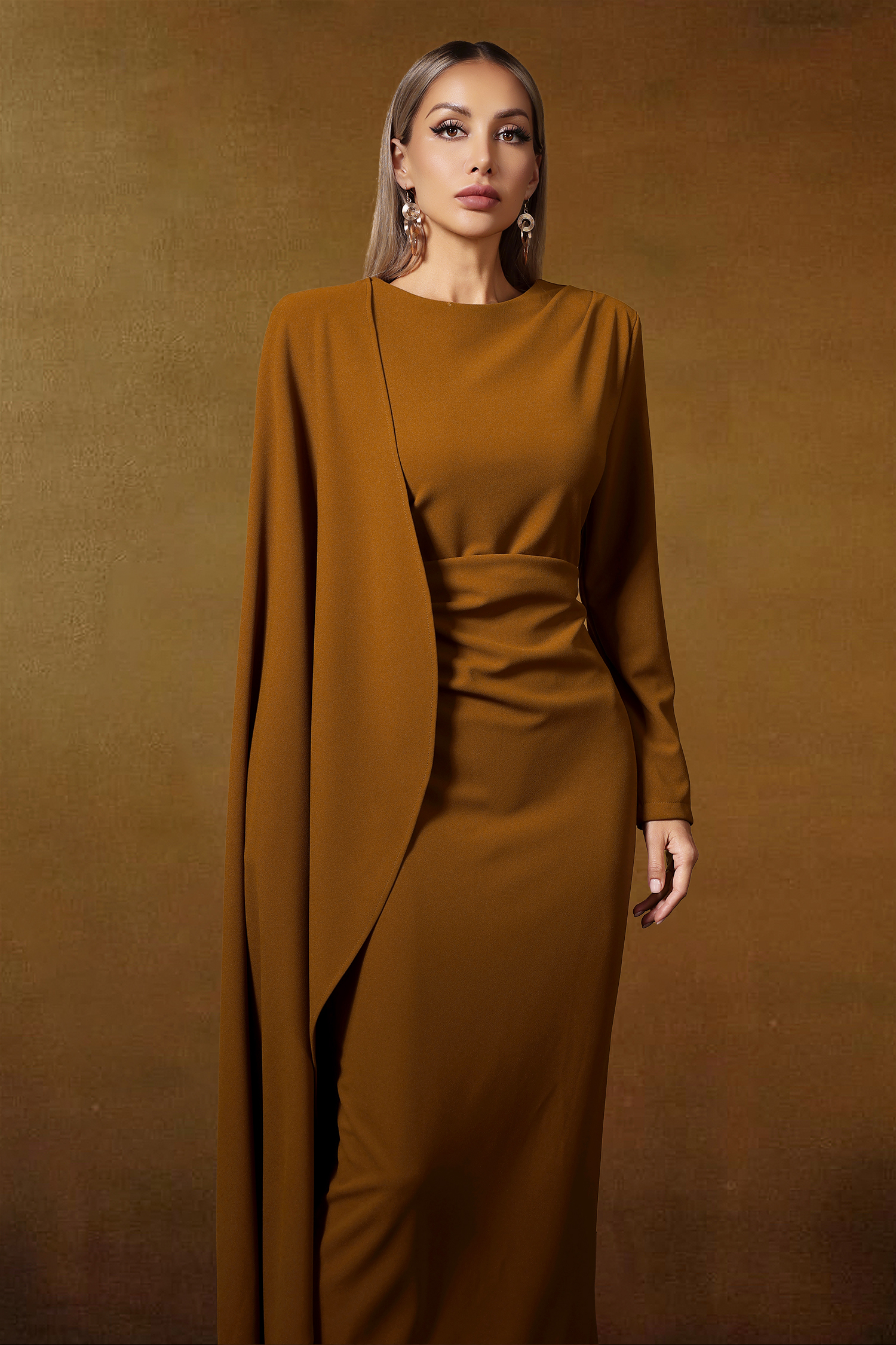 Haka Long Sleeve Asymmetrical Cape Pleated Maxi Dress