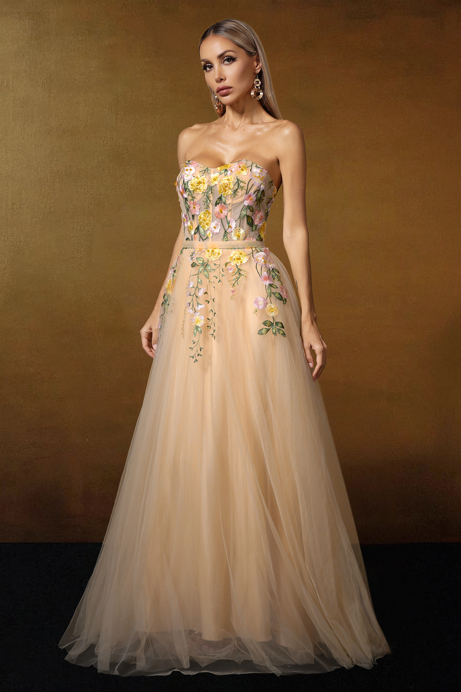 Falae Strapless Floral Embroidered Maxi Dress