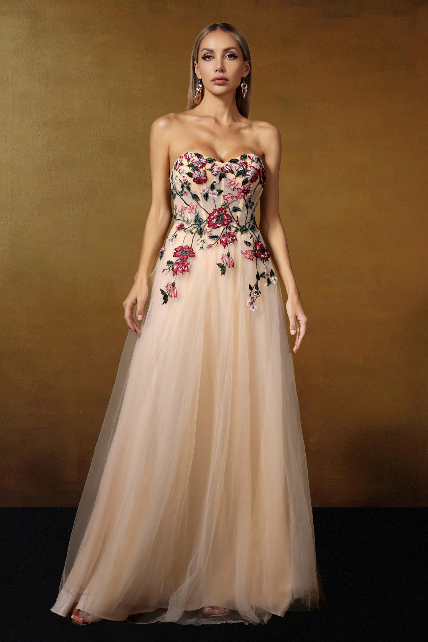 Opal Strapless Floral Embroidered Maxi Dress