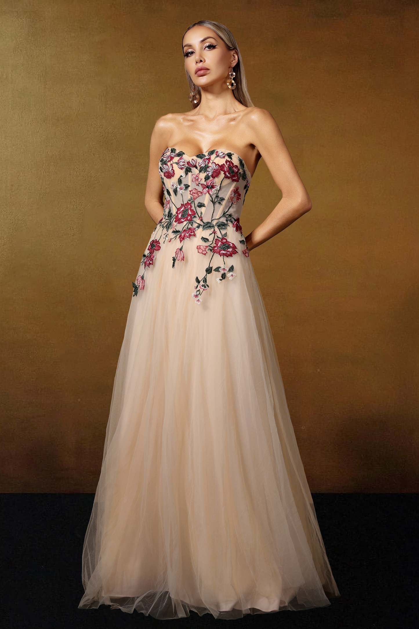 Opal Strapless Floral Embroidered Maxi Dress