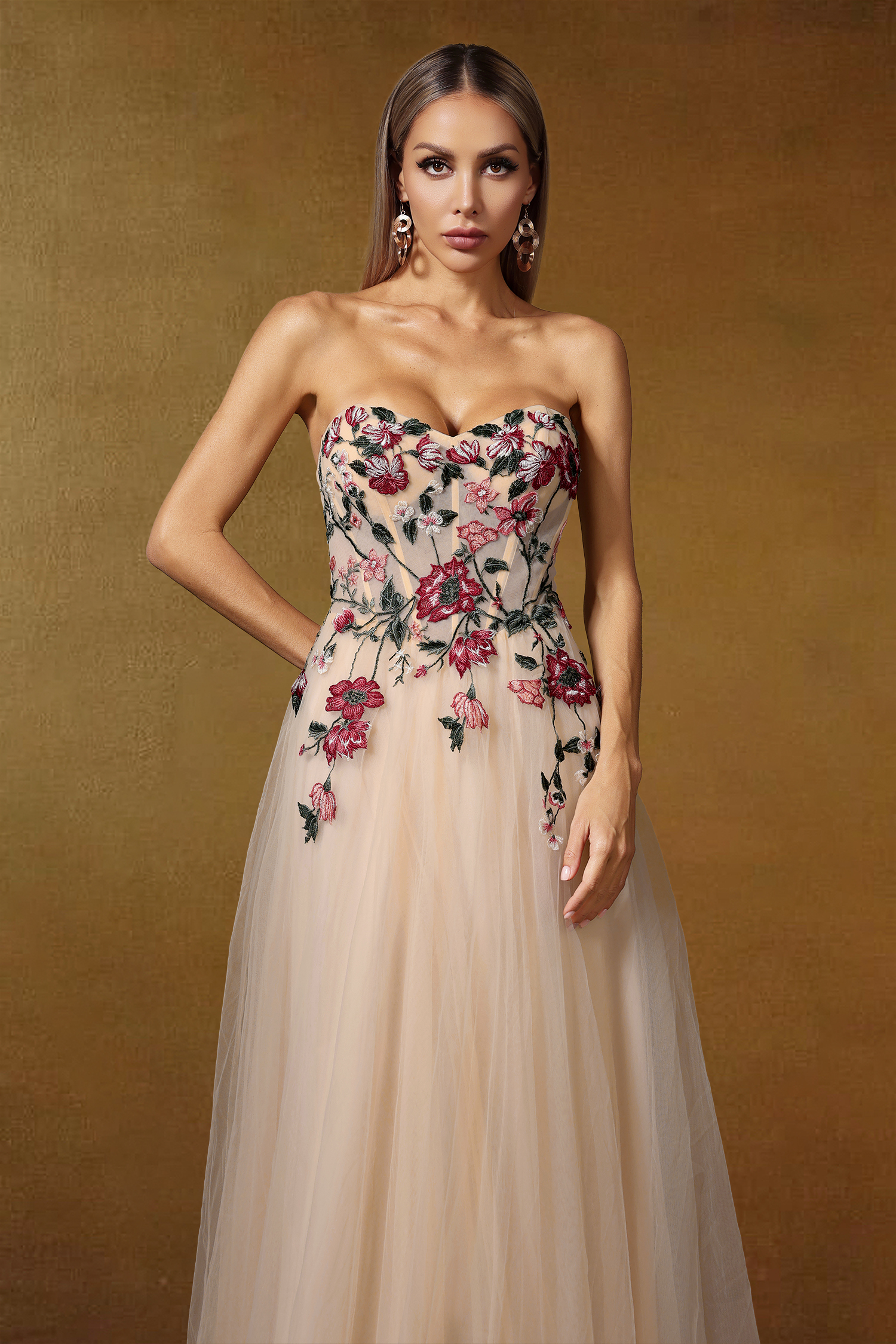 Opal Strapless Floral Embroidered Maxi Dress