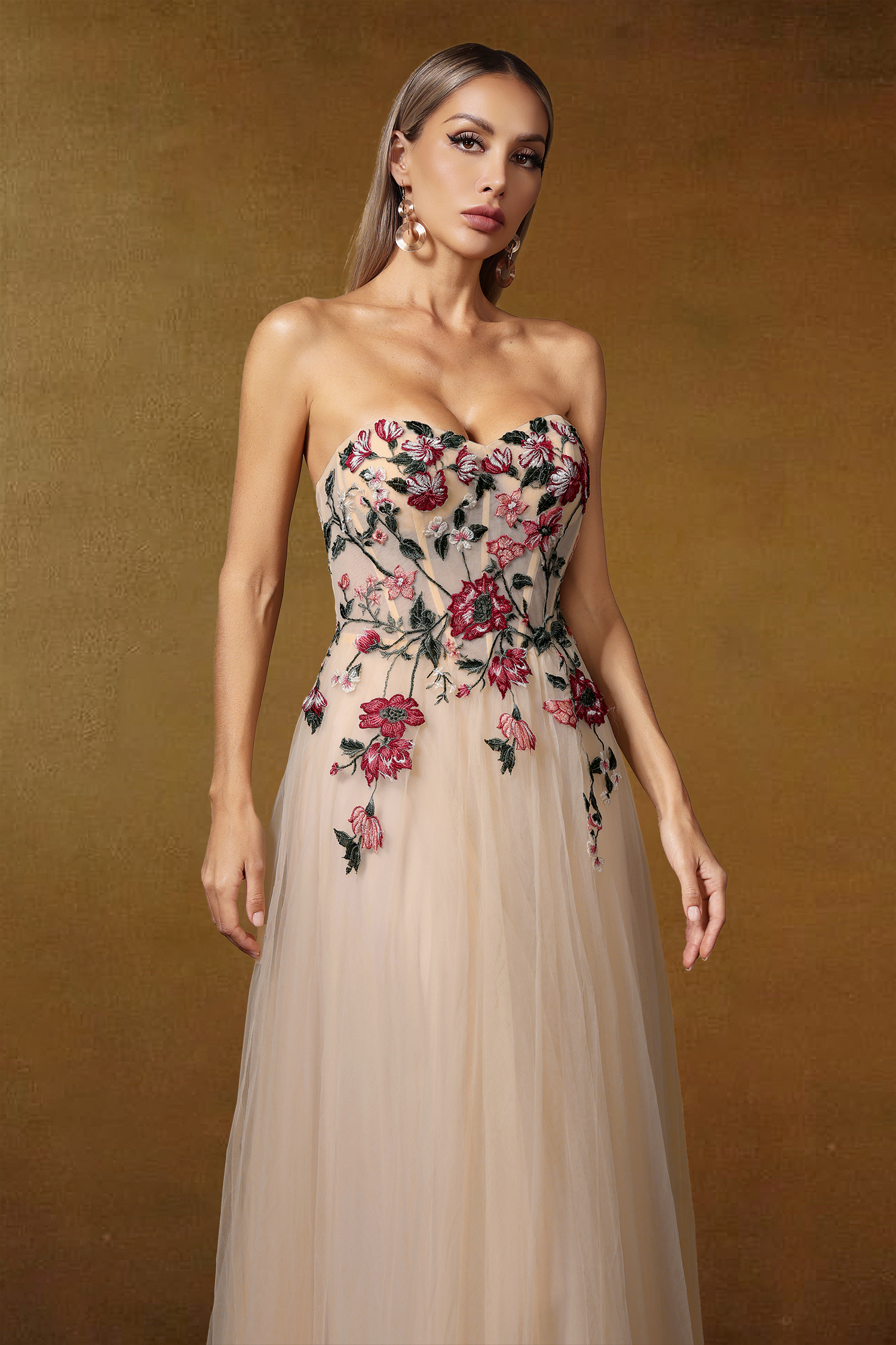 Opal Strapless Floral Embroidered Maxi Dress
