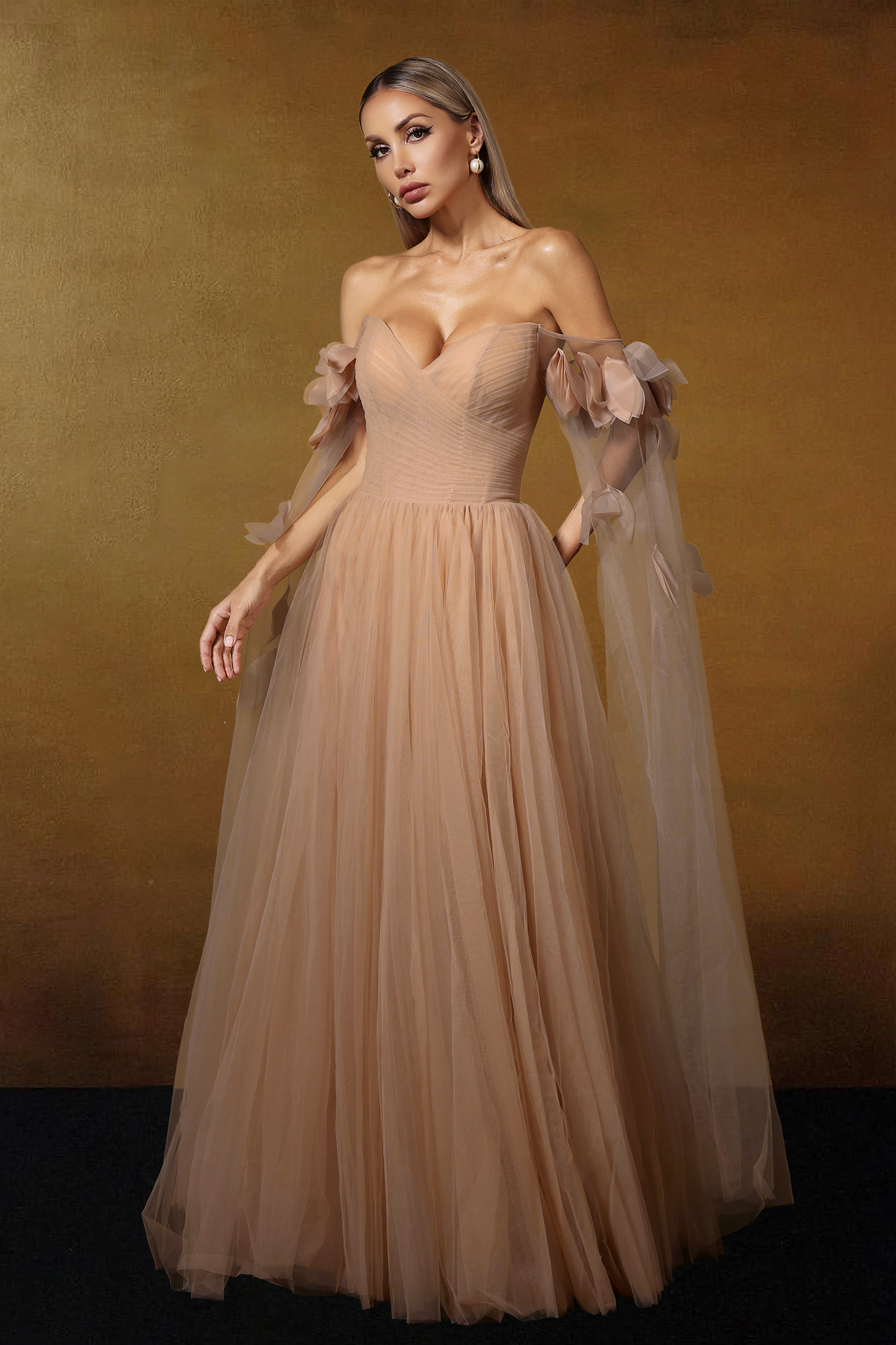 Saliya Off Shoulder Floral Mesh Maxi Dress