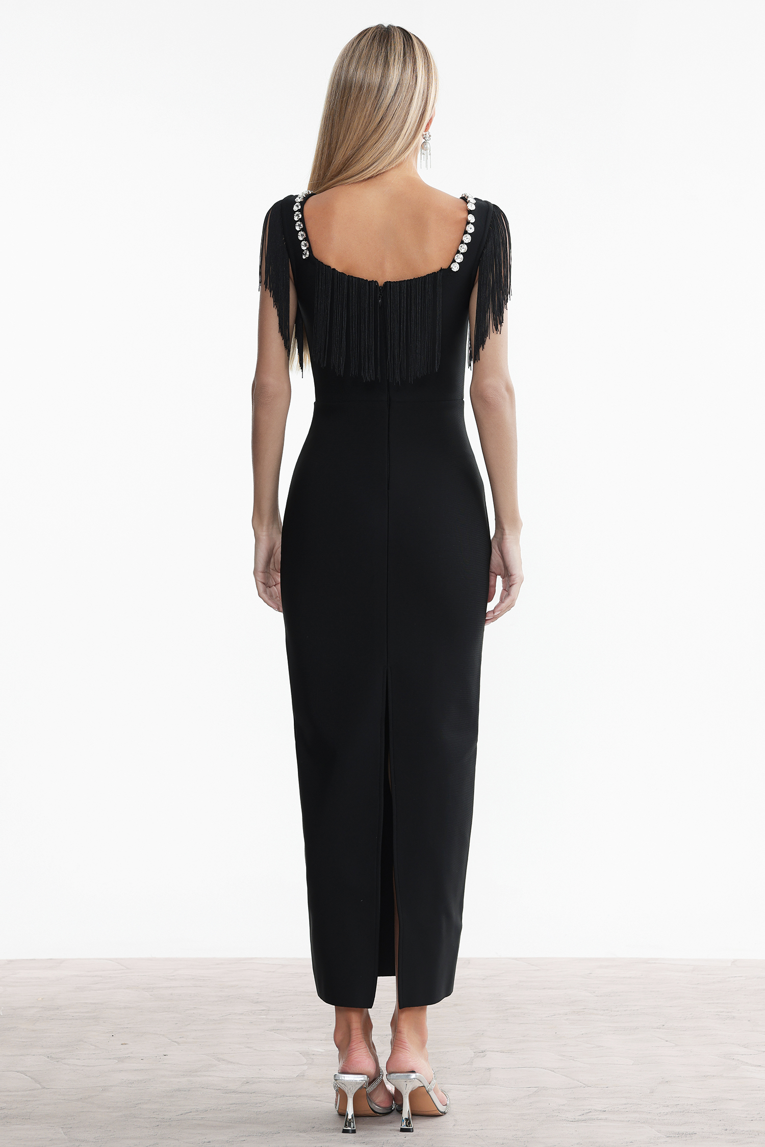 マーサ Winiva Sleeveless Fringe Rhinestone Bandage Maxi Dress