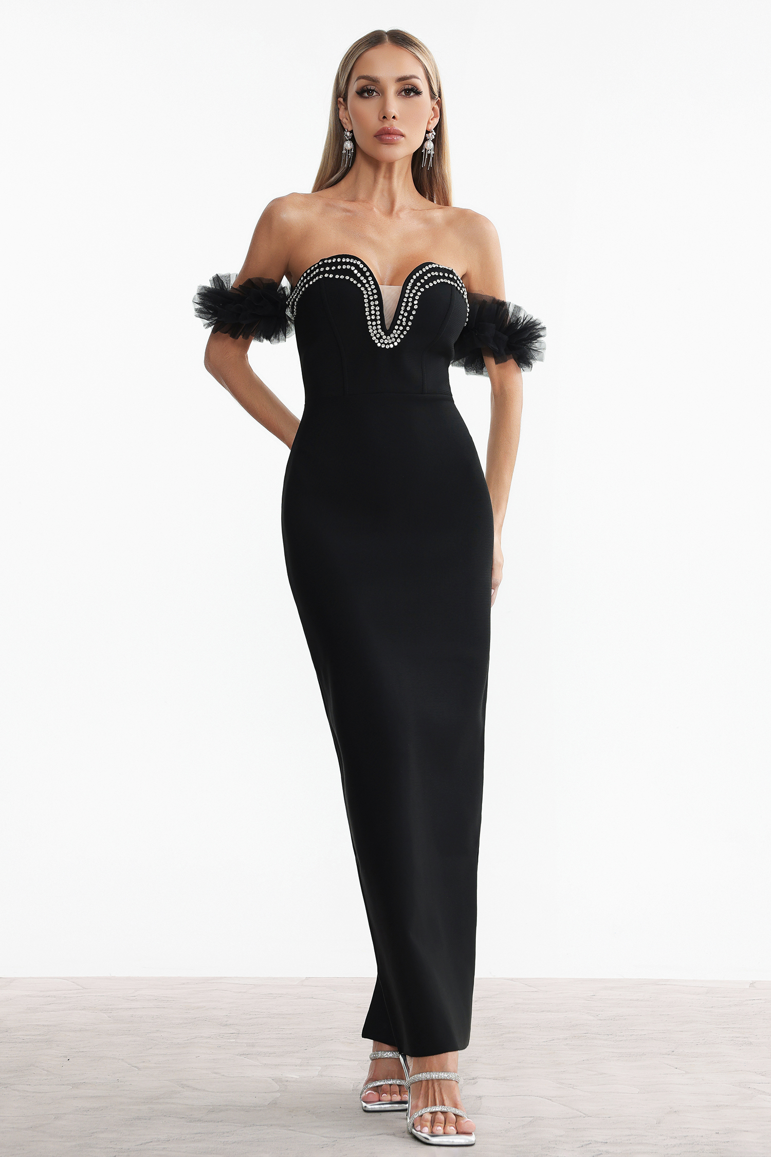 Sarna Off Shoulder Rhinestone Bandage Maxi Dress