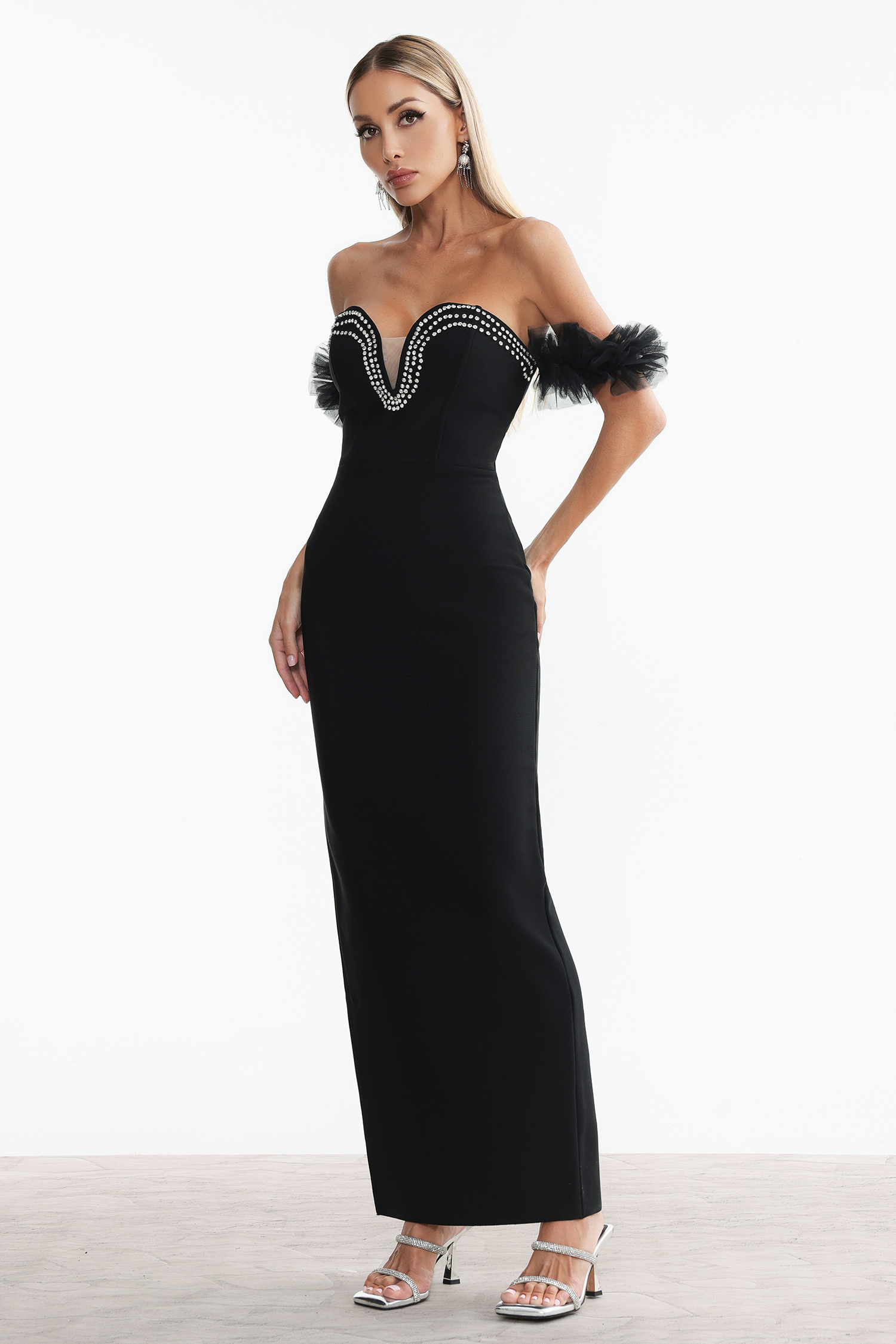 Sarna Off Shoulder Rhinestone Bandage Maxi Dress