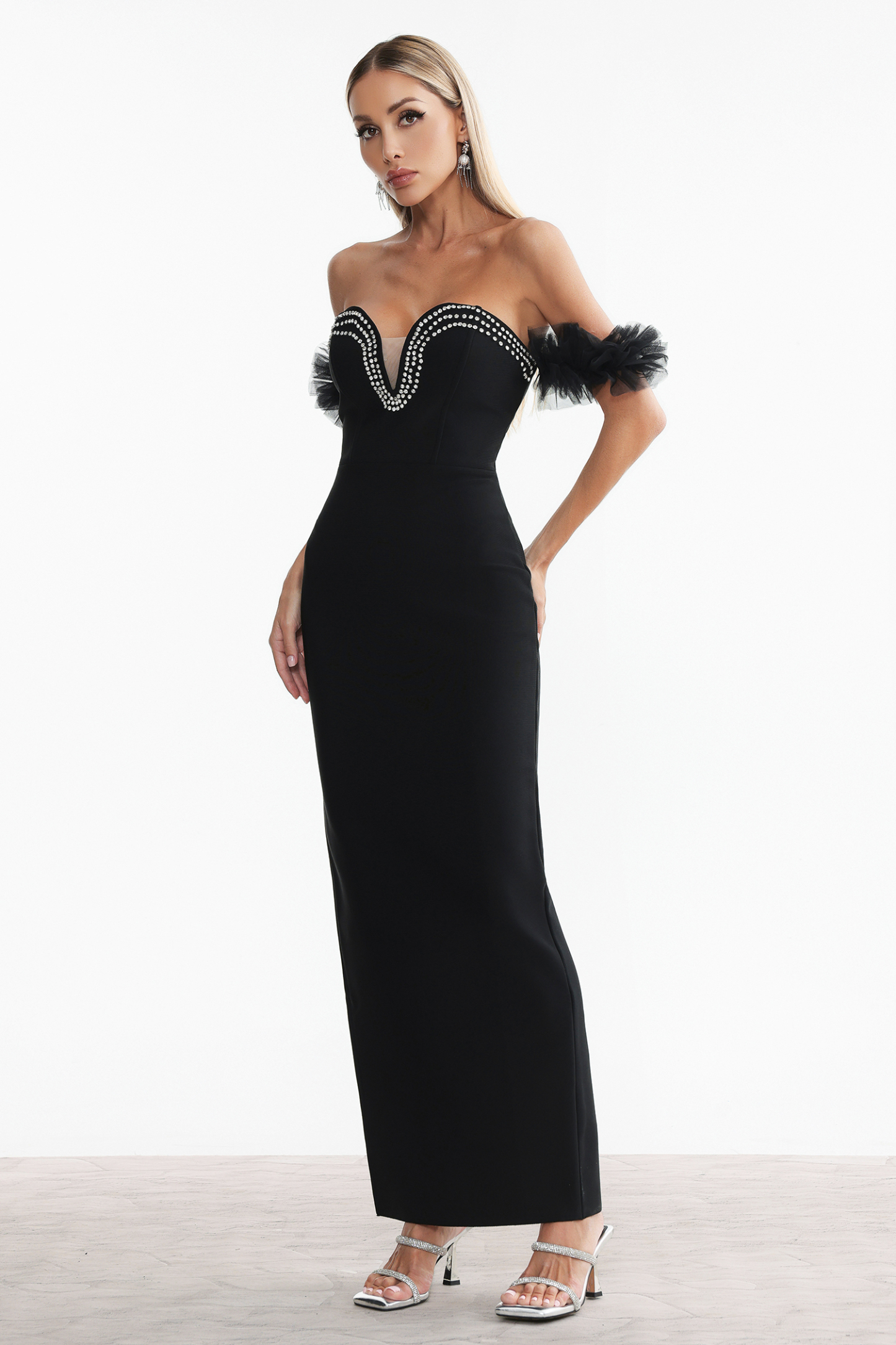 Sarna Off Shoulder Rhinestone Bandage Maxi Dress