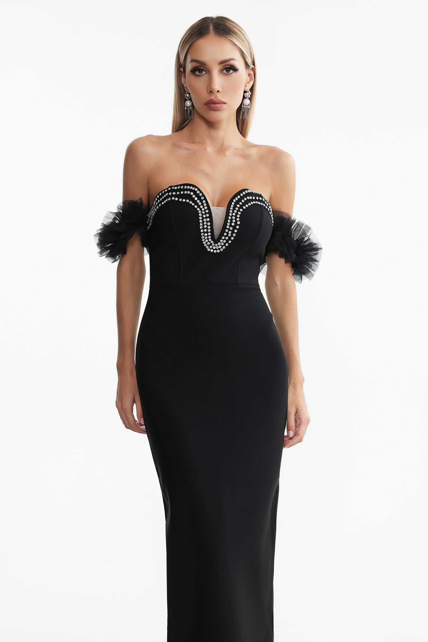 Sarna Off Shoulder Rhinestone Bandage Maxi Dress