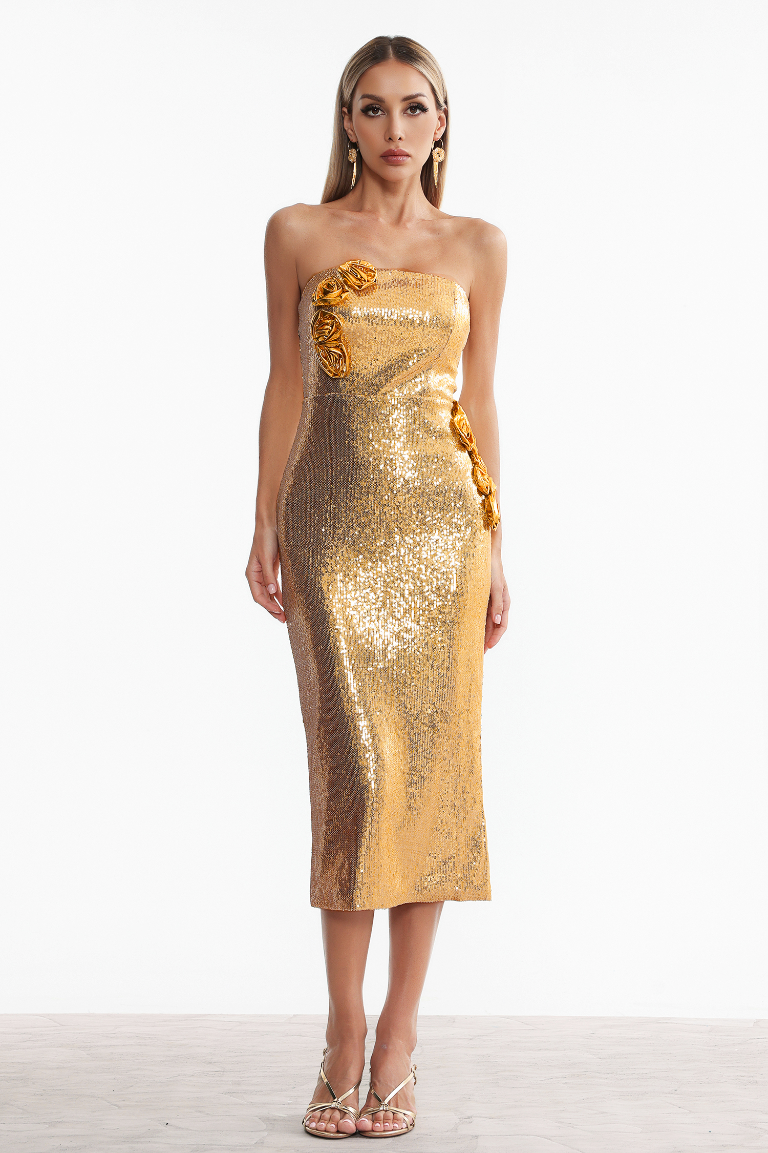 Muera Strapless Sequin Floral Maxi Dress