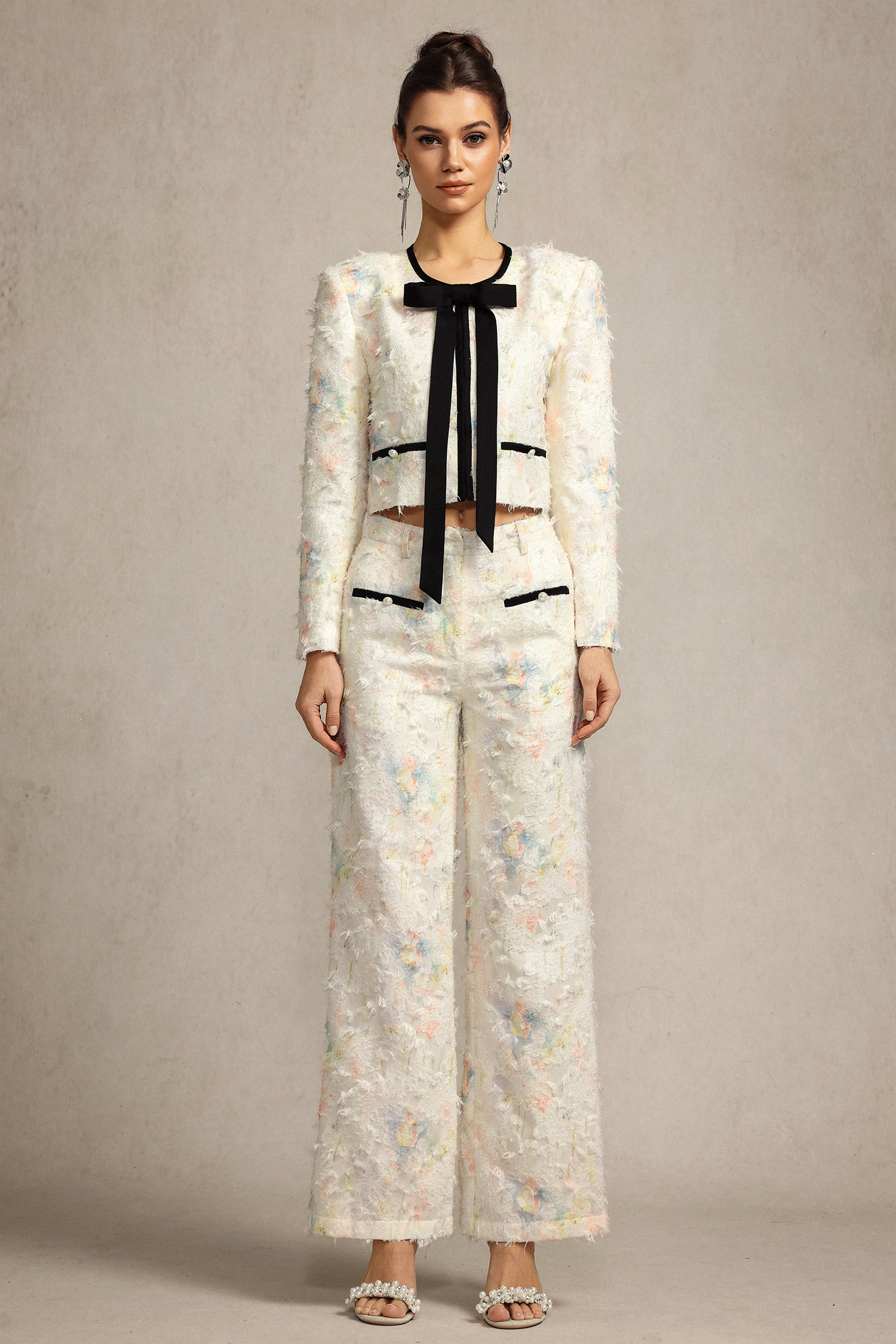 Sarna Round Neck Bowknot Printed Top And Pants Two-Piece Set