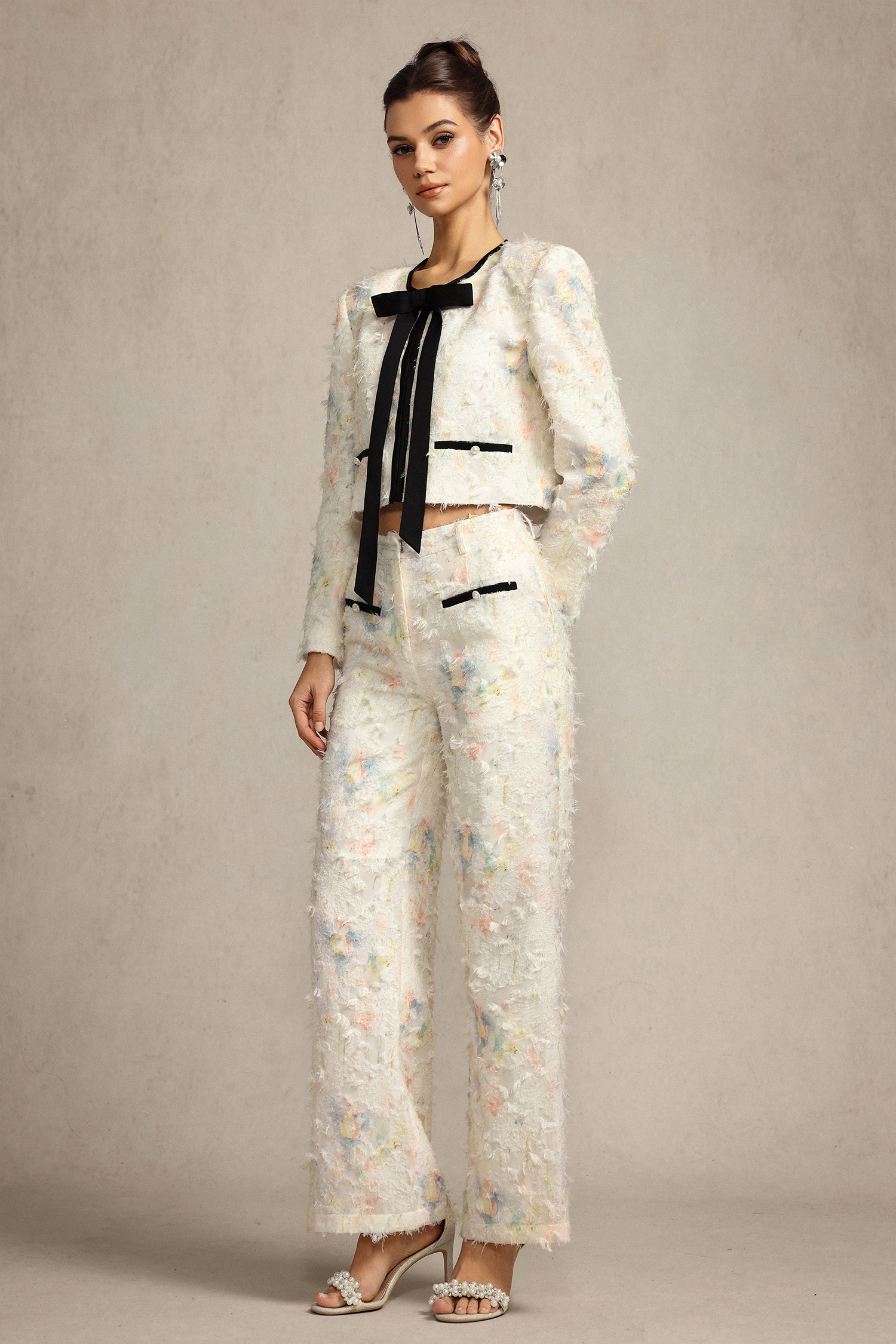 Sarna Round Neck Bowknot Printed Top And Pants Two-Piece Set