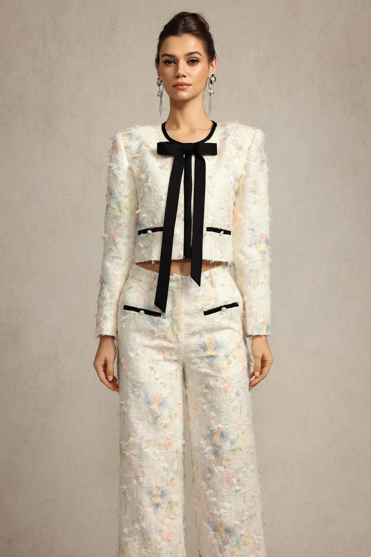 Sarna Round Neck Bowknot Printed Top And Pants Two-Piece Set