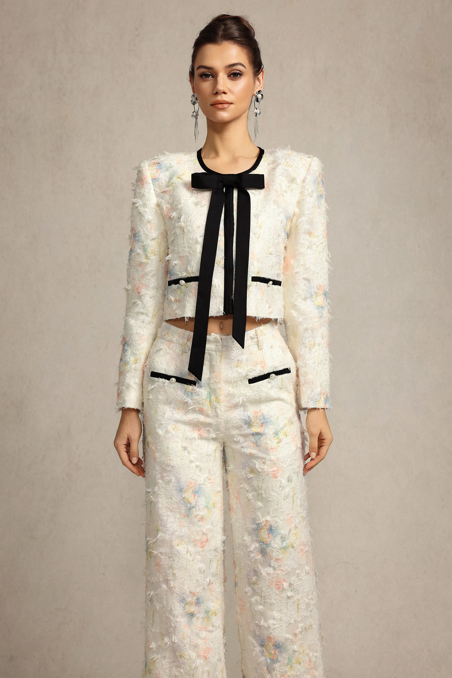 Sarna Round Neck Bowknot Printed Top And Pants Two-Piece Set