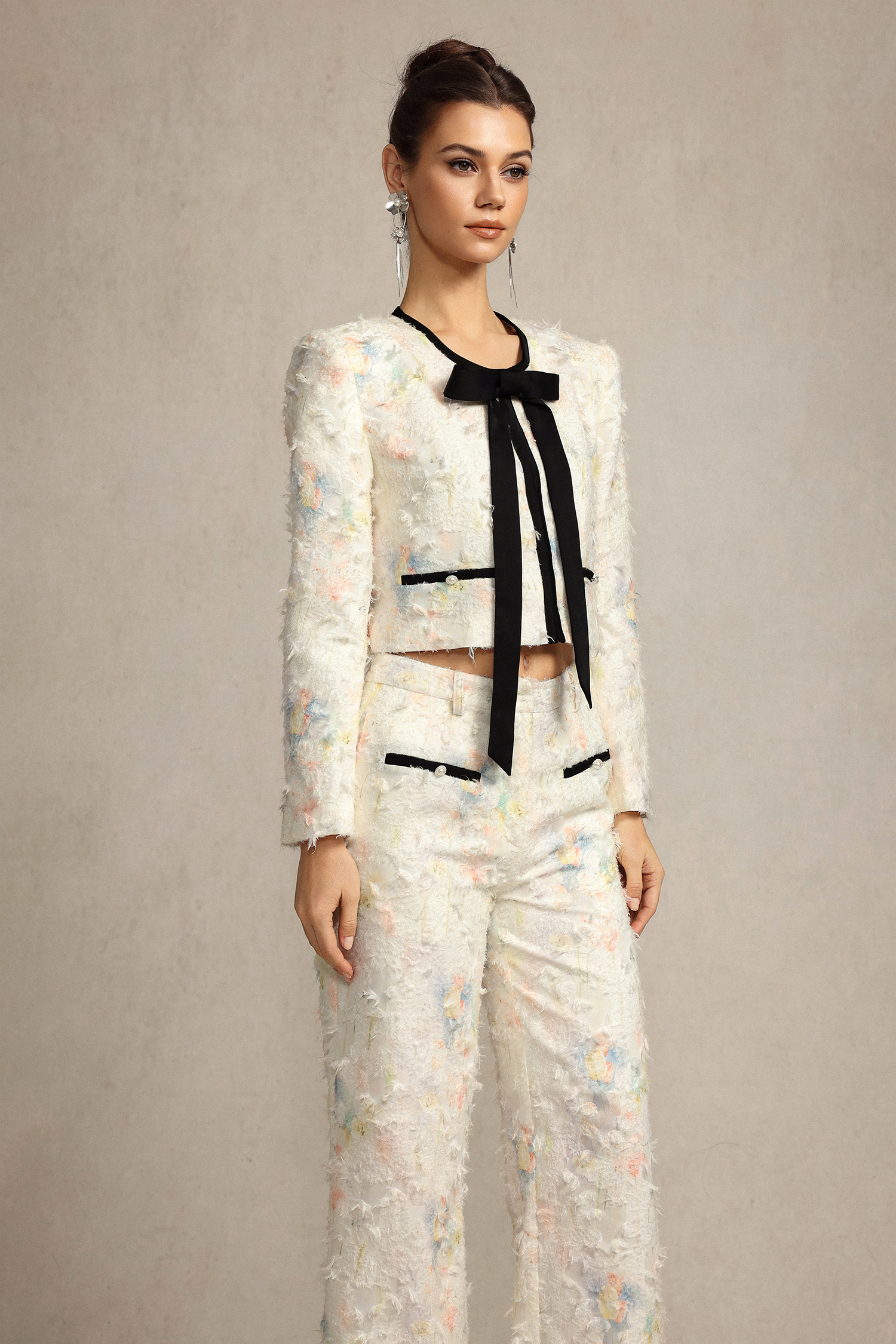 Sarna Round Neck Bowknot Printed Top And Pants Two-Piece Set