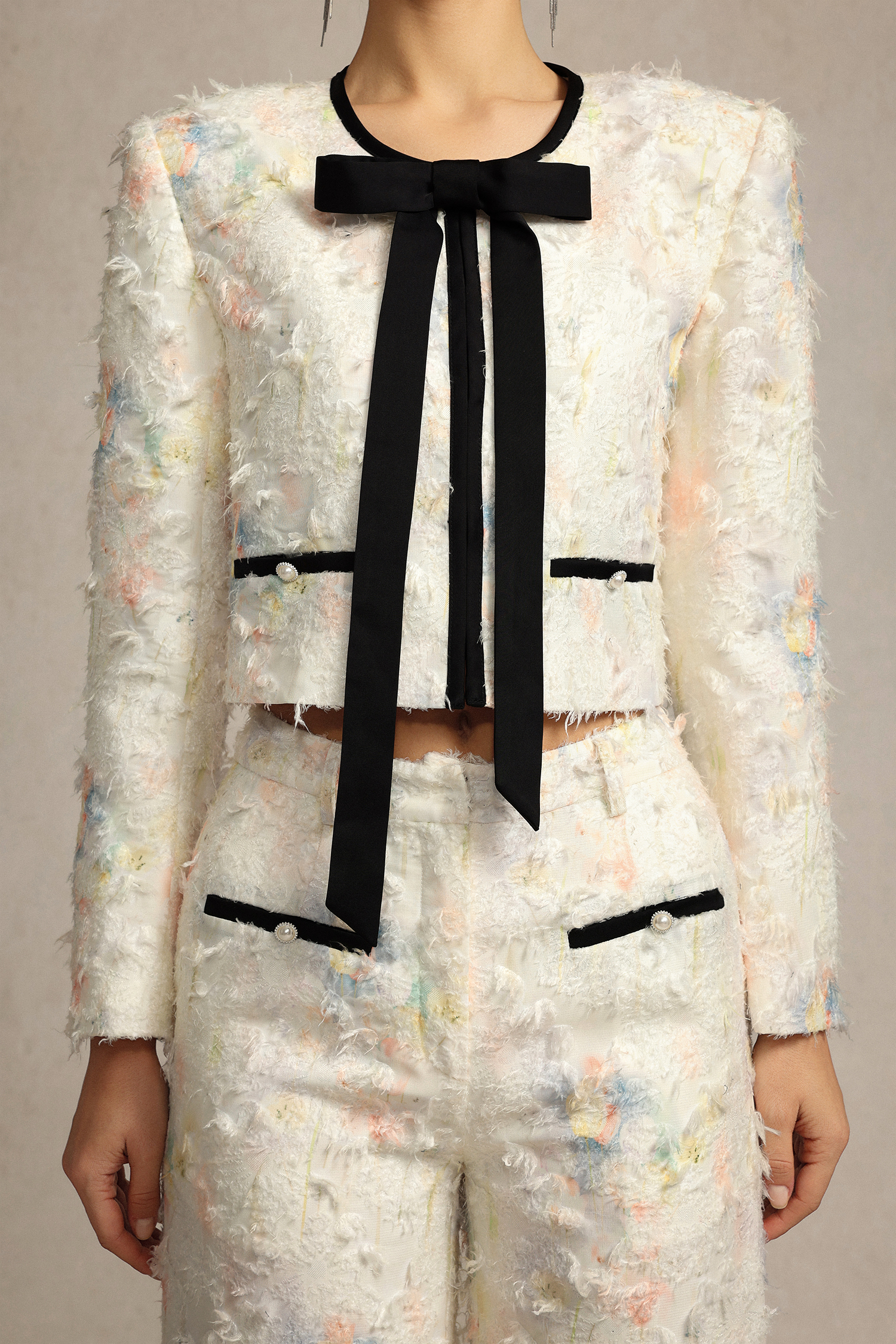 Sarna Round Neck Bowknot Printed Top And Pants Two-Piece Set