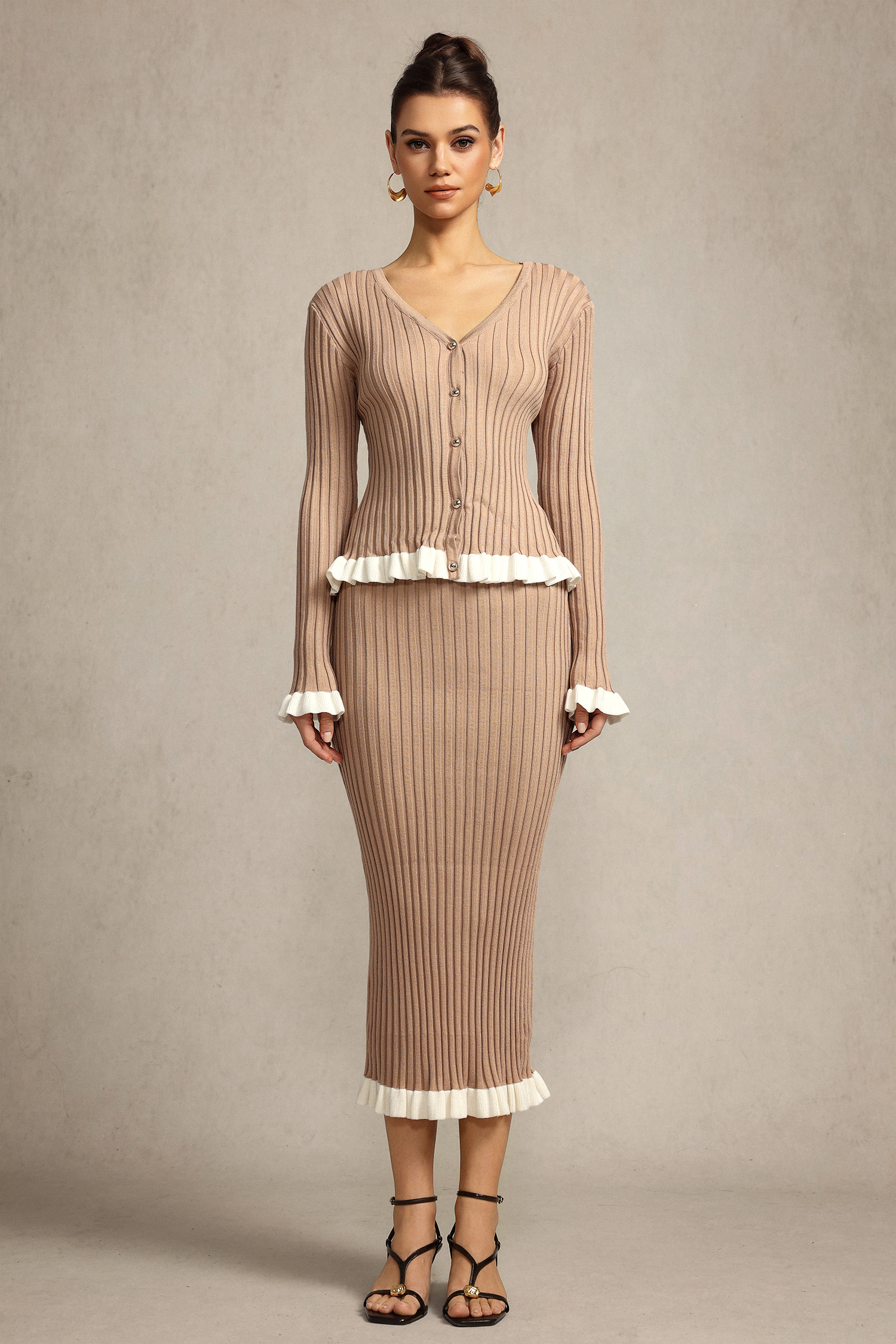 Saliya Long Sleeves Folds Top And Skirt Two-Piece Set