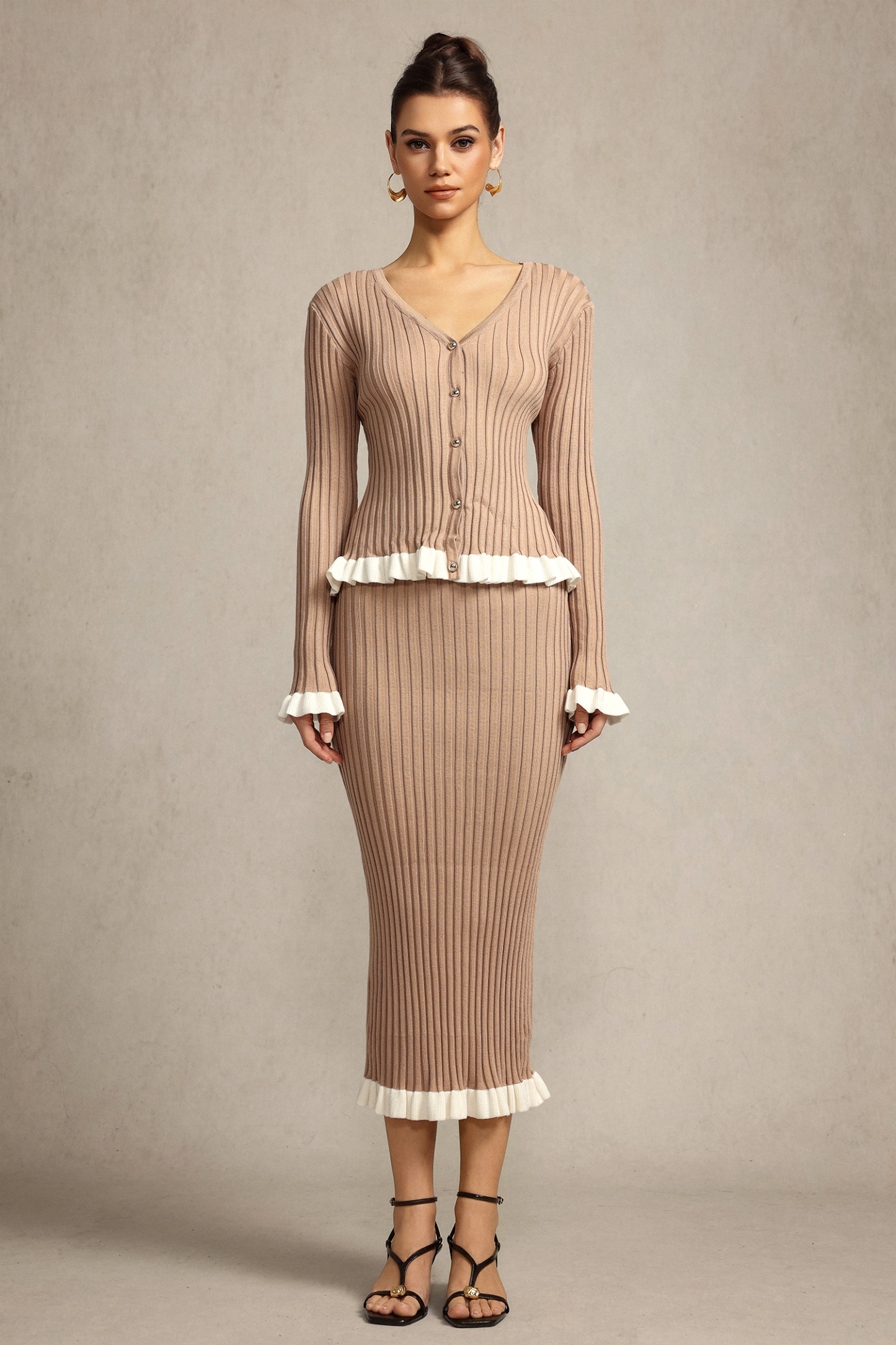 Saliya Long Sleeves Folds Top And Skirt Two-Piece Set