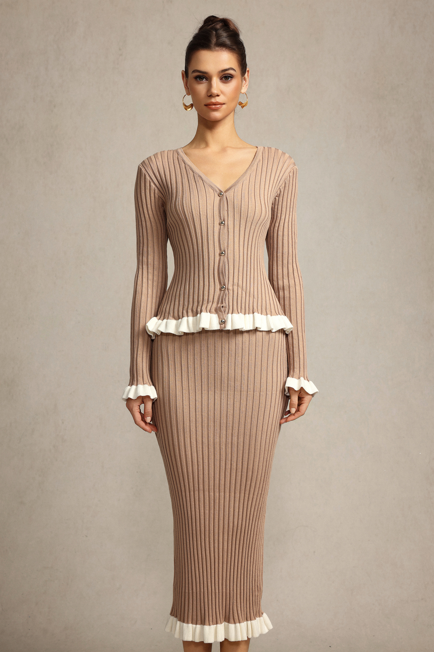 Saliya Long Sleeves Folds Top And Skirt Two-Piece Set