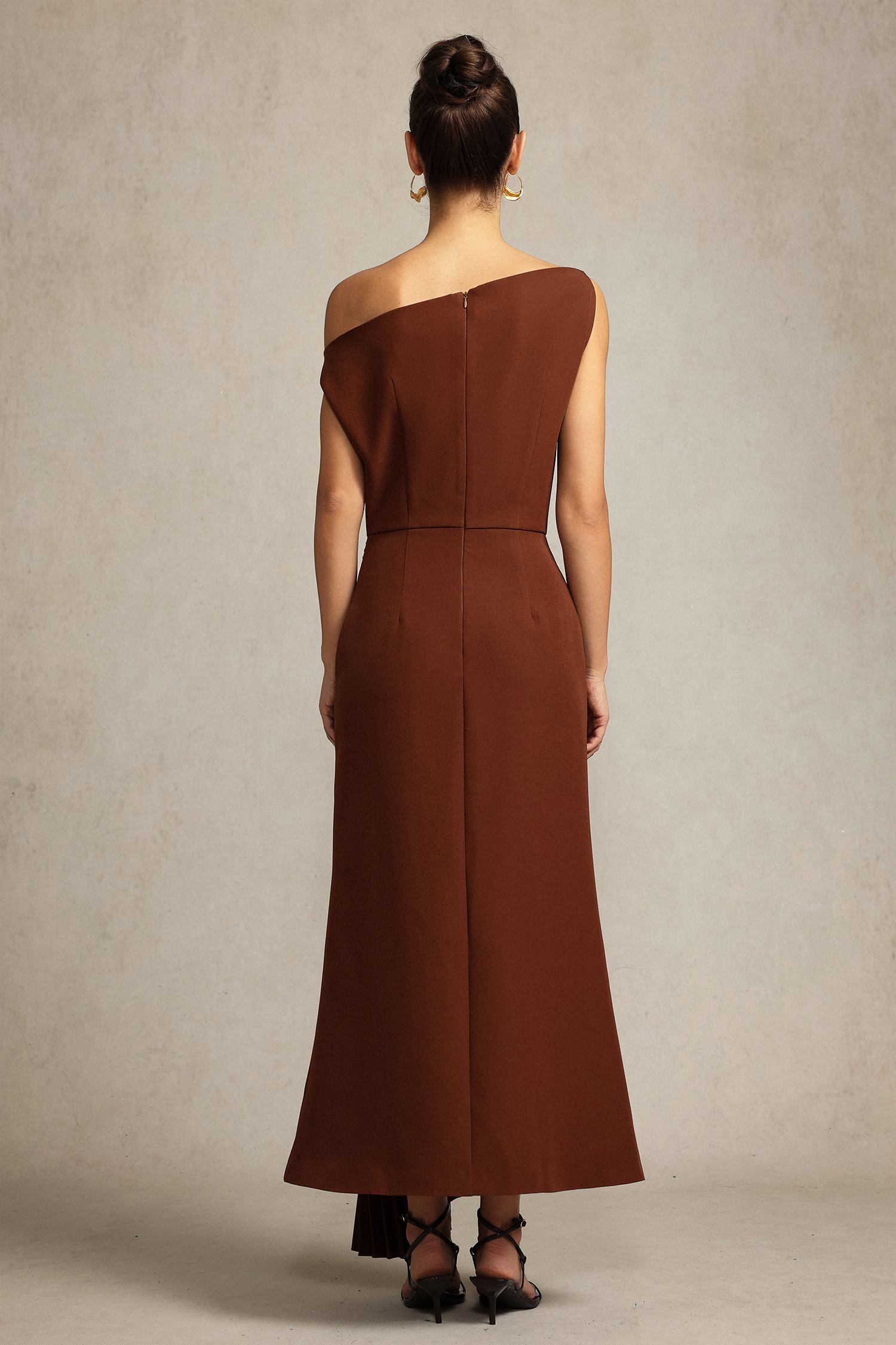 Paulina Oblique Shoulder Sleeveless Folds Brown Midi Dress