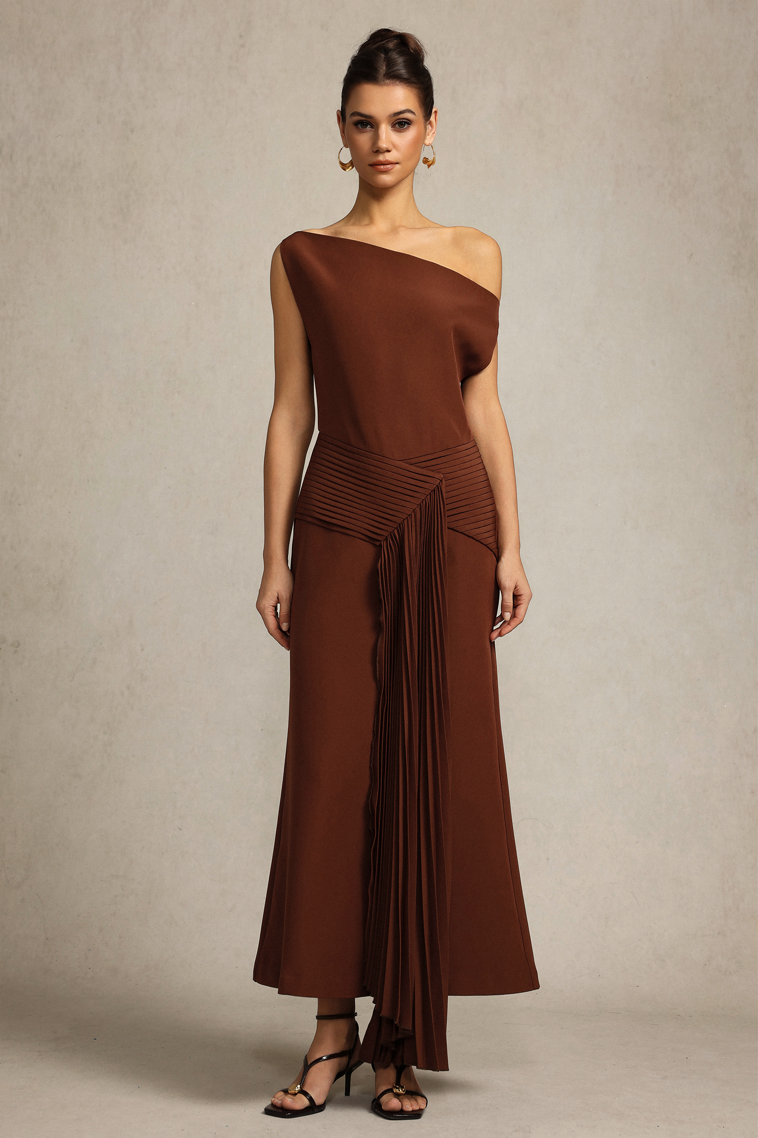Paulina Oblique Shoulder Sleeveless Folds Brown Midi Dress