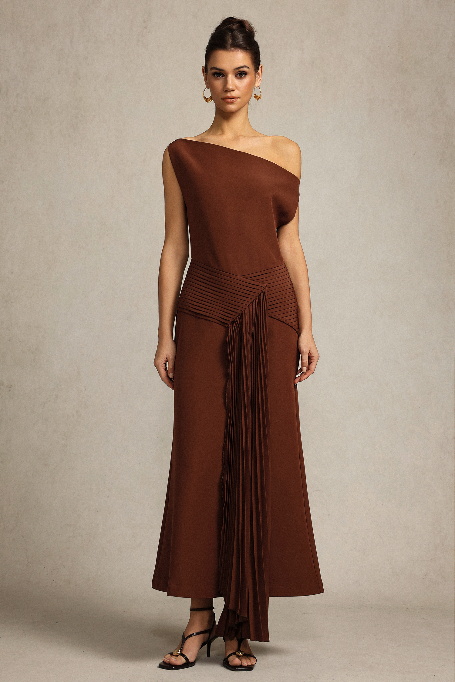 Paulina Oblique Shoulder Sleeveless Folds Brown Midi Dress