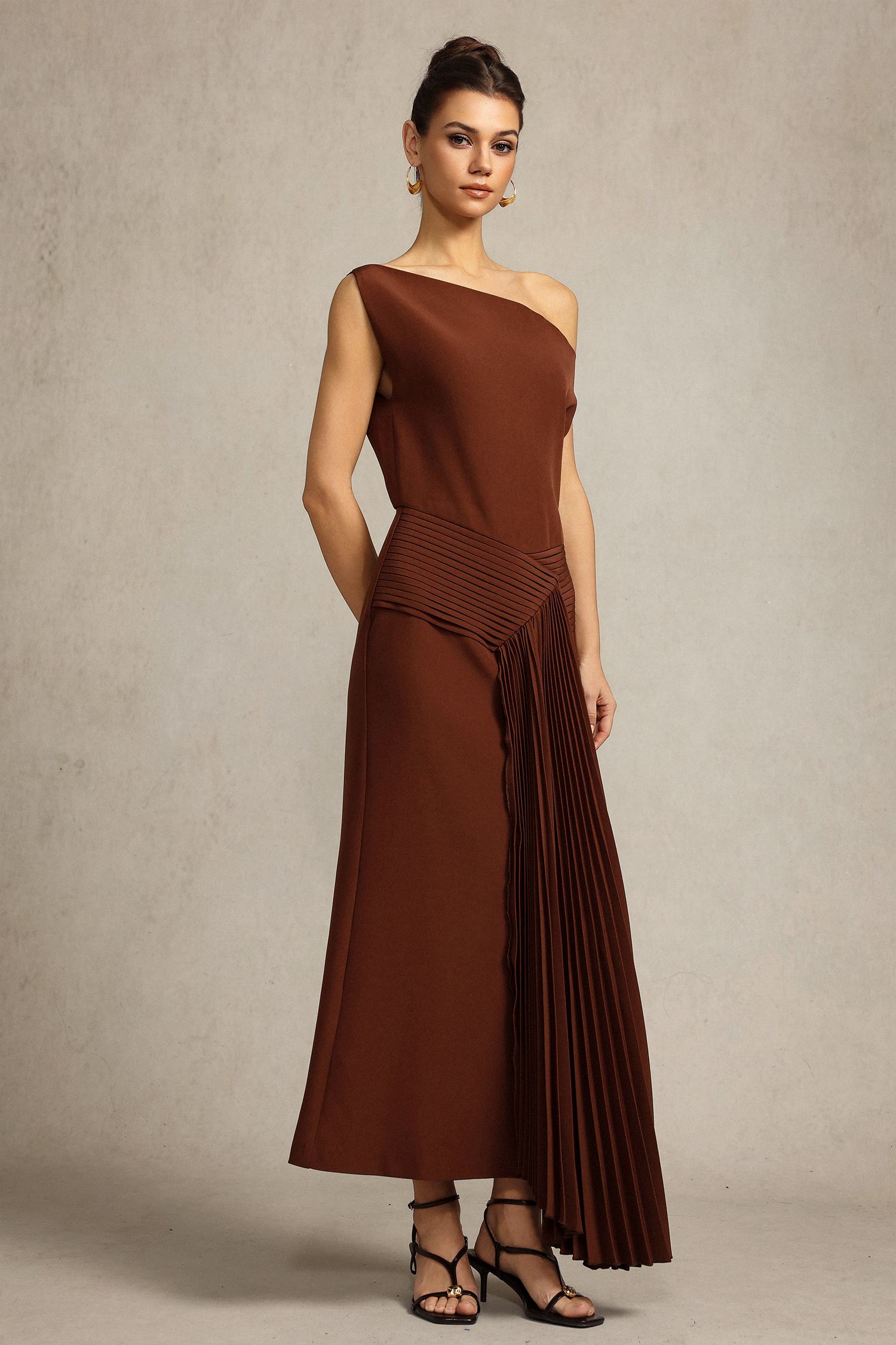 Paulina Oblique Shoulder Sleeveless Folds Brown Midi Dress