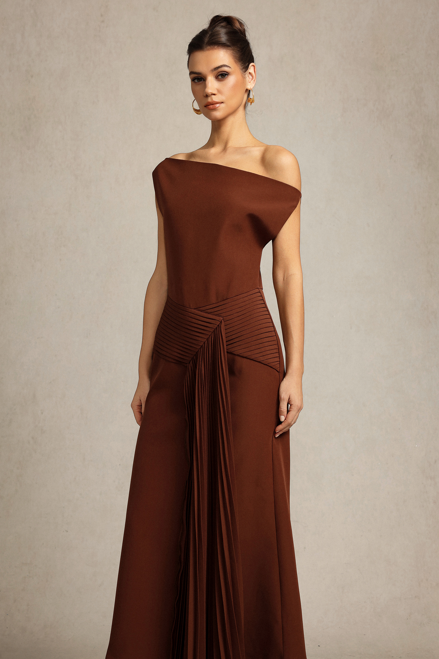 Paulina Oblique Shoulder Sleeveless Folds Brown Midi Dress