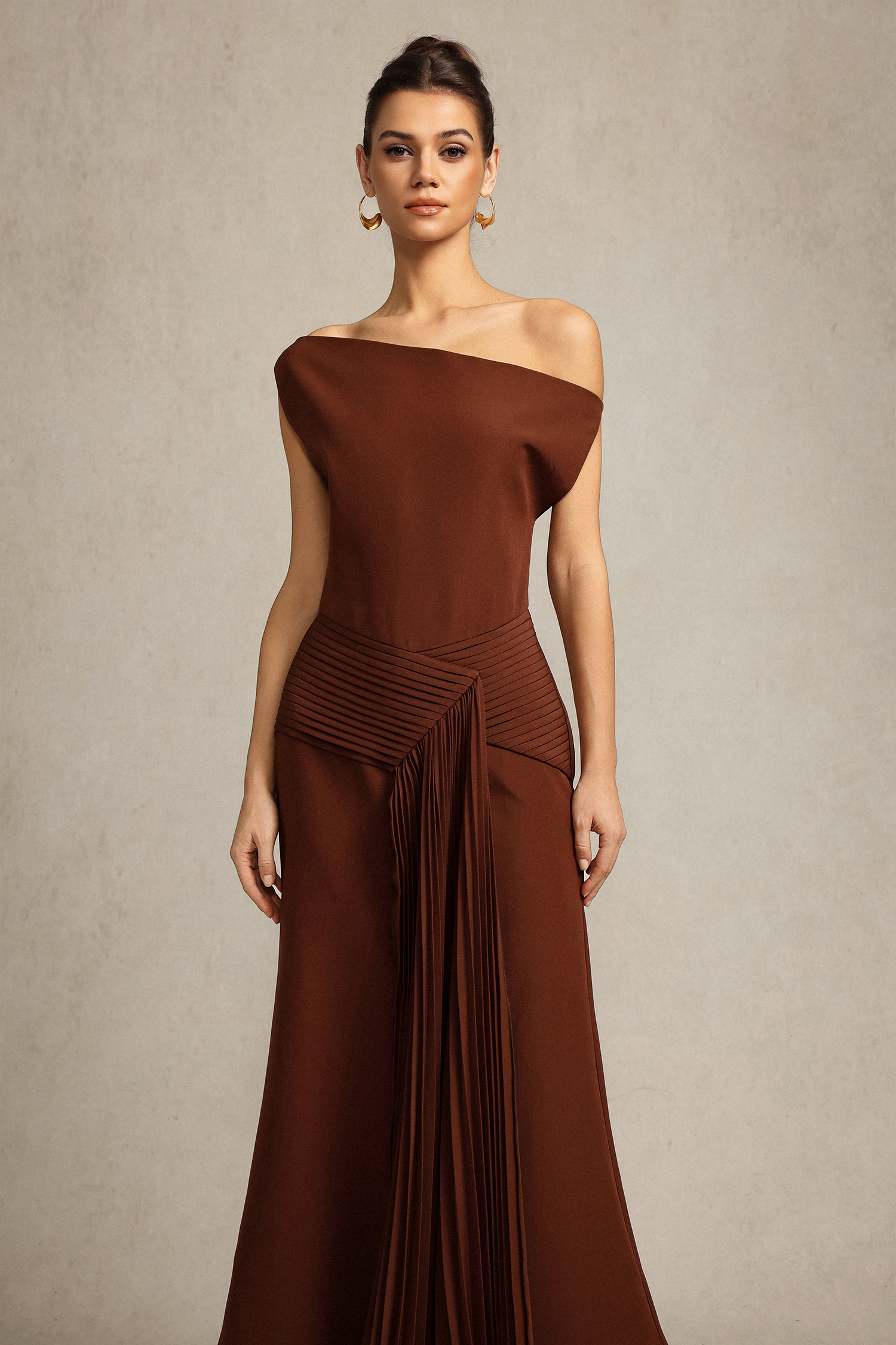 Paulina Oblique Shoulder Sleeveless Folds Brown Midi Dress