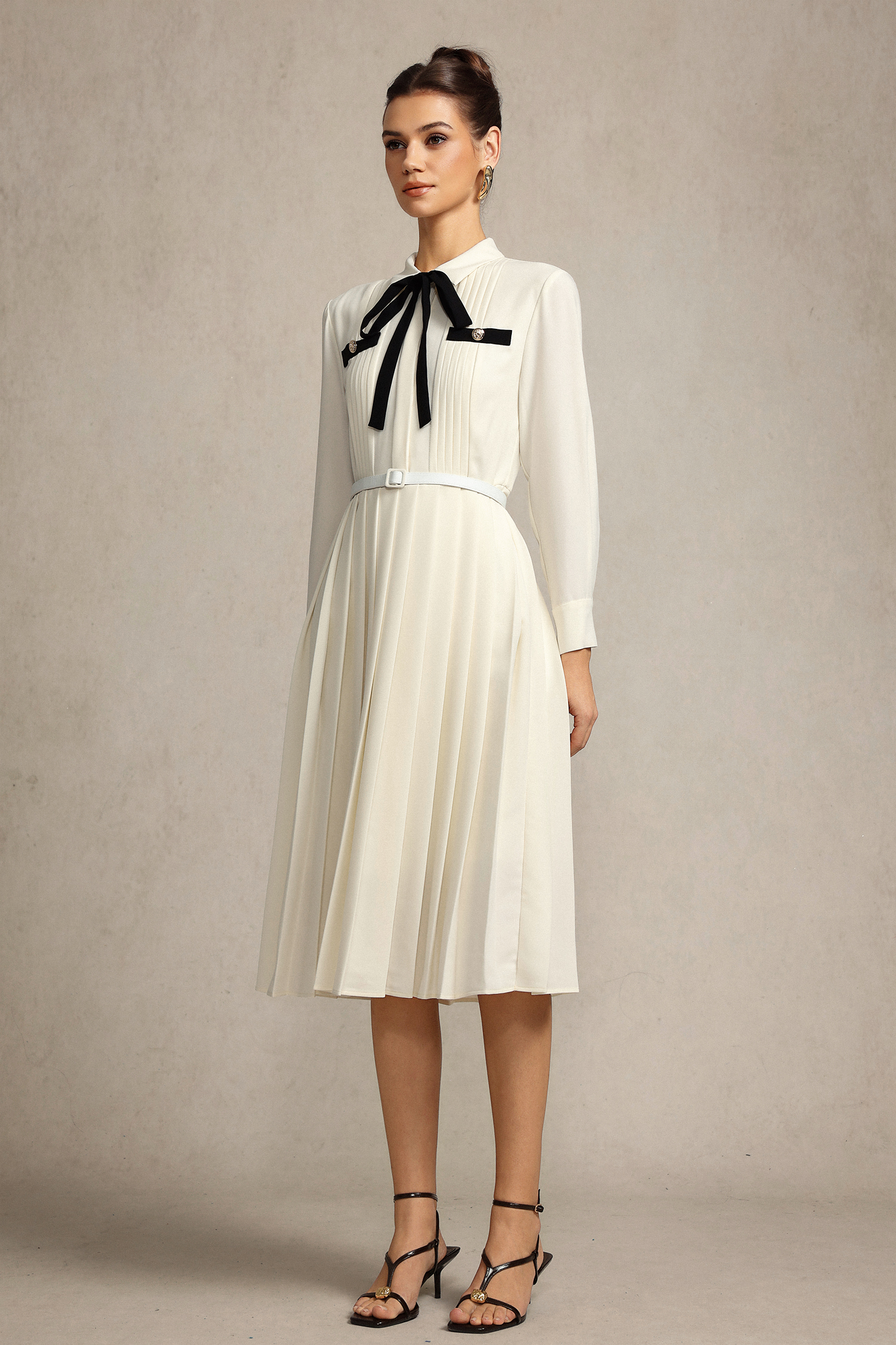 Jacaze Long Sleeves Folds Bowknot Streamer Midi Dress