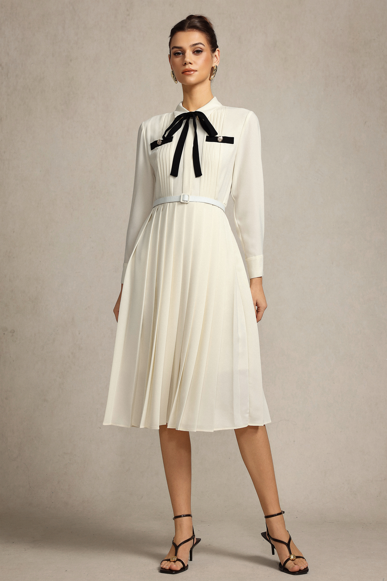 Jacaze Long Sleeves Folds Bowknot Streamer Midi Dress