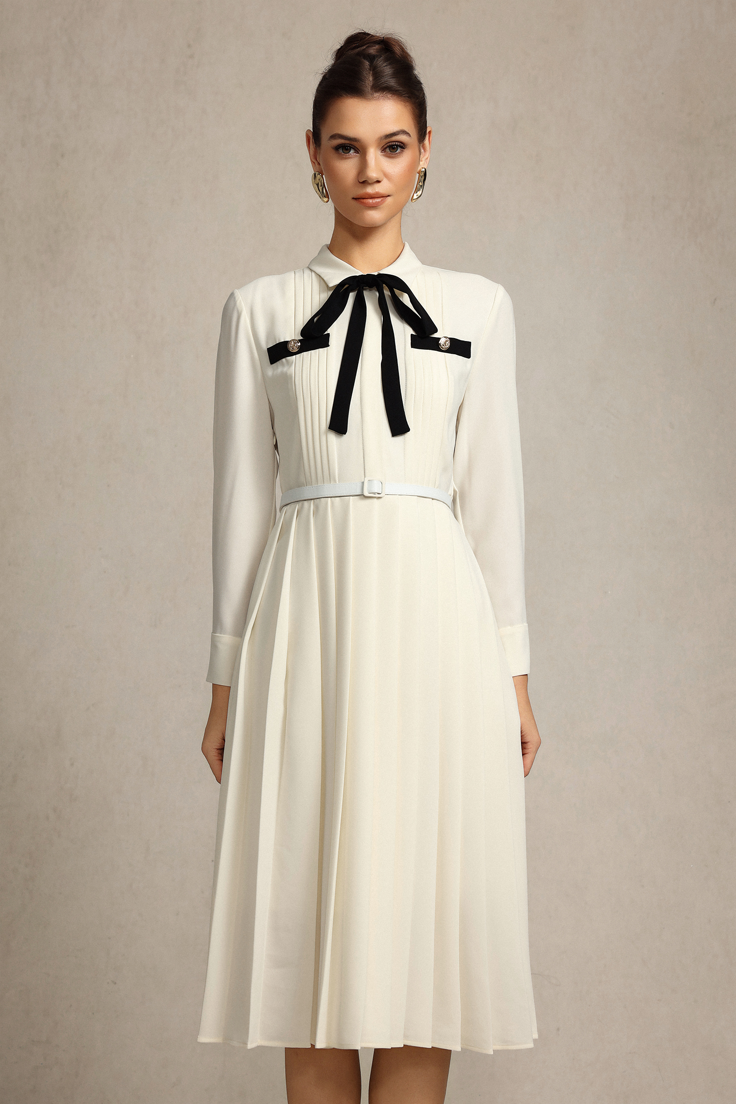 Jacaze Long Sleeves Folds Bowknot Streamer Midi Dress