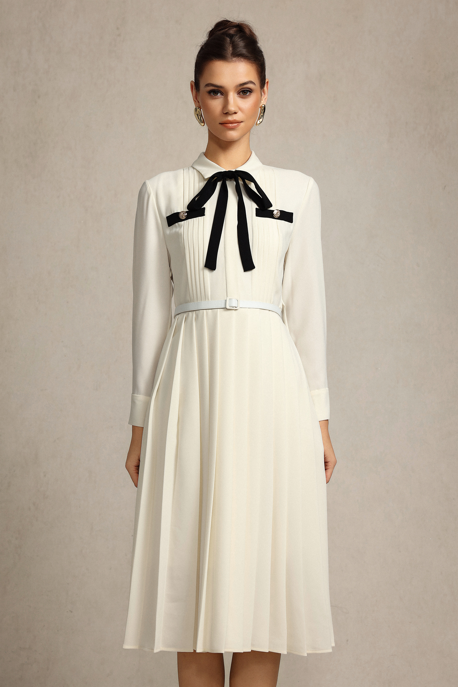 Jacaze Long Sleeves Folds Bowknot Streamer Midi Dress