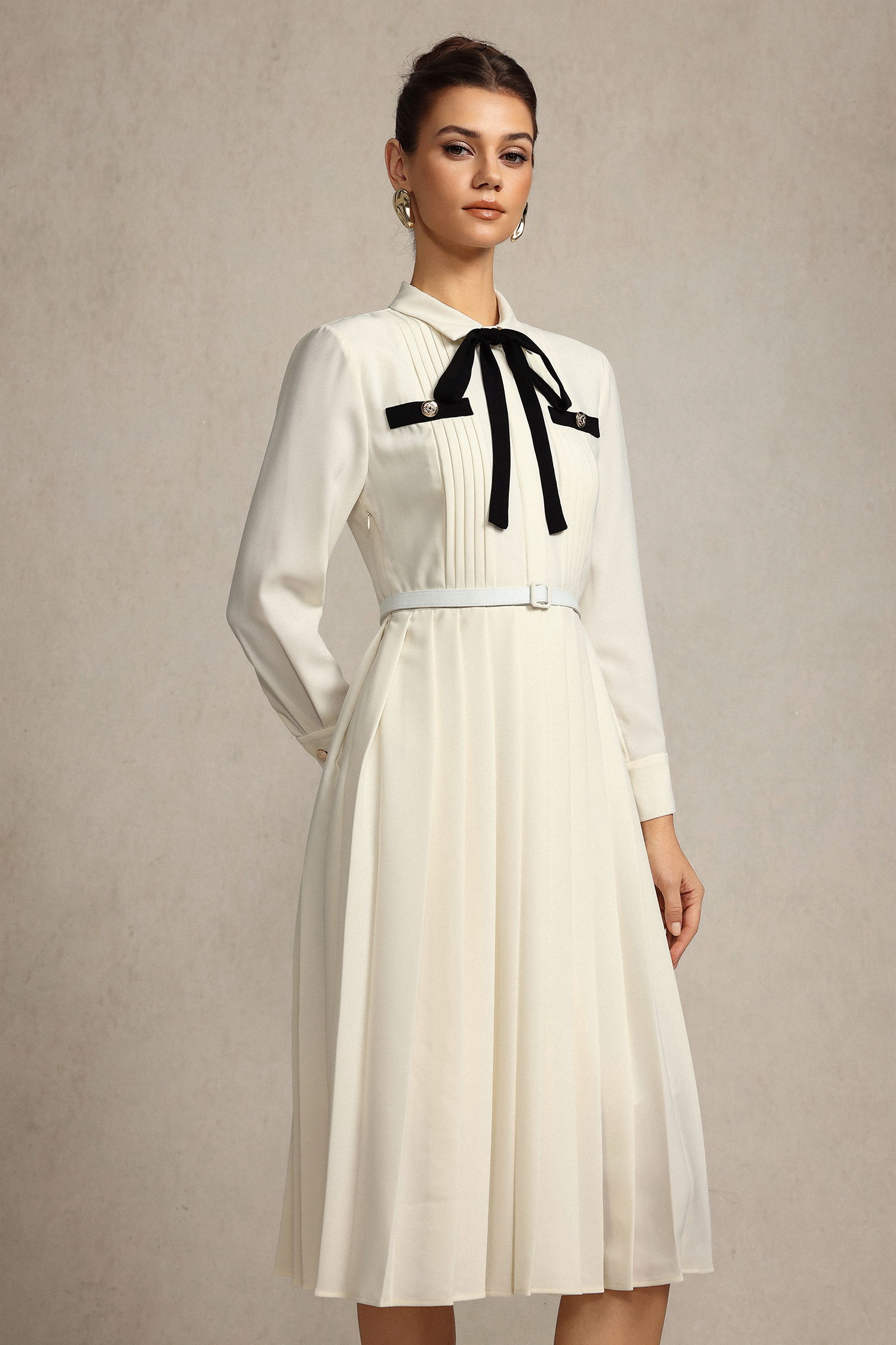 Jacaze Long Sleeves Folds Bowknot Streamer Midi Dress