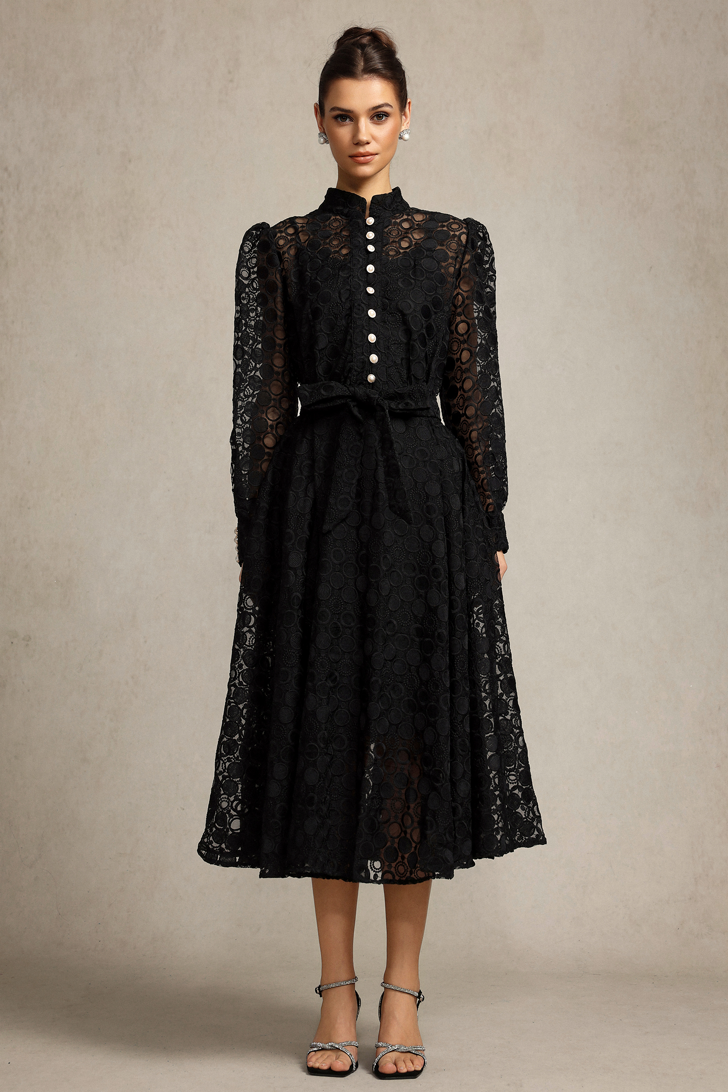 Hope Long Sleeves Lace Bowknot Midi Dress