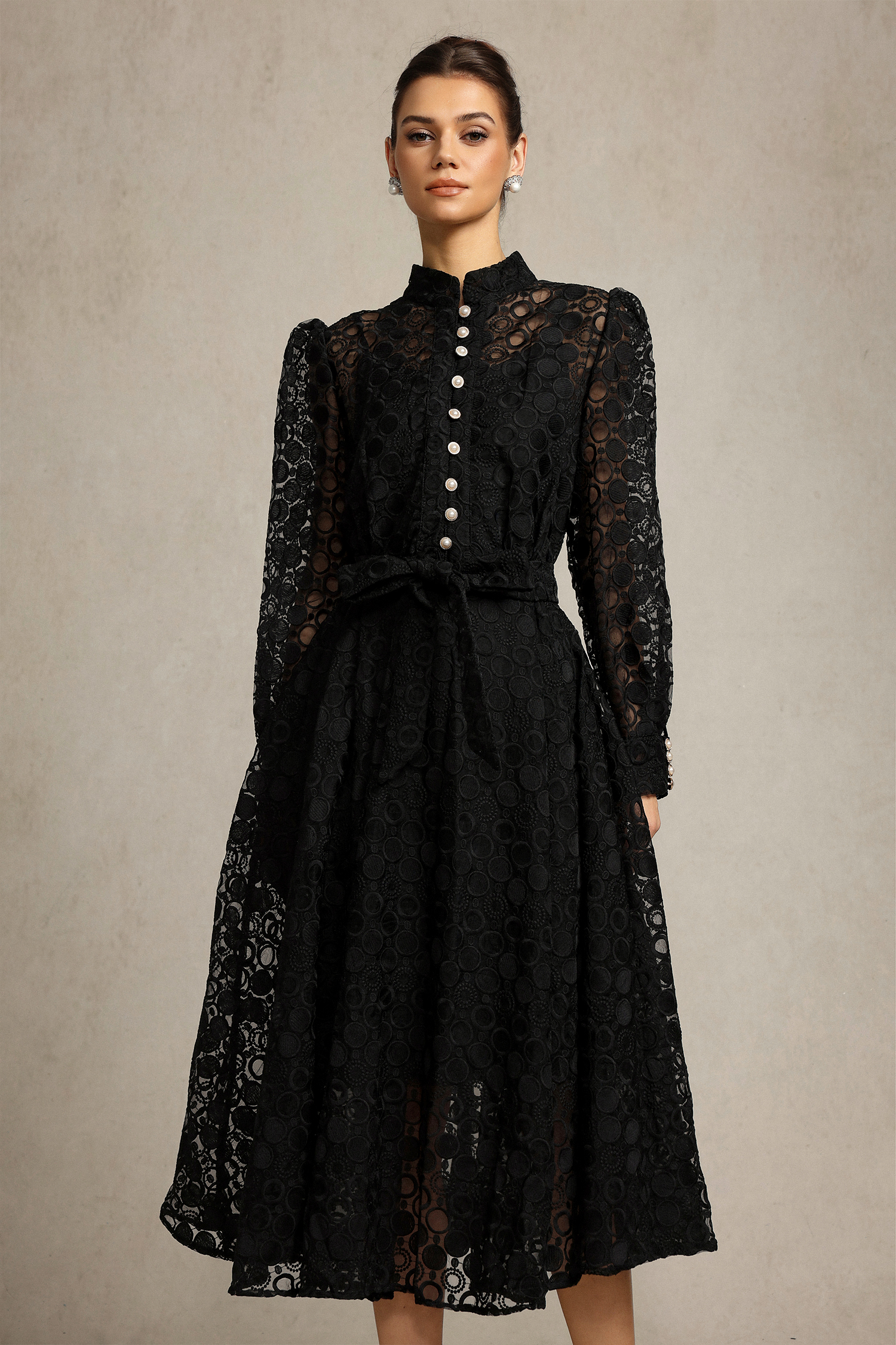 Hope Long Sleeves Lace Bowknot Midi Dress