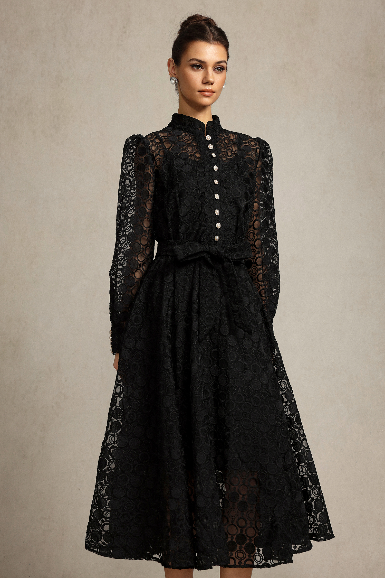 Hope Long Sleeves Lace Bowknot Midi Dress