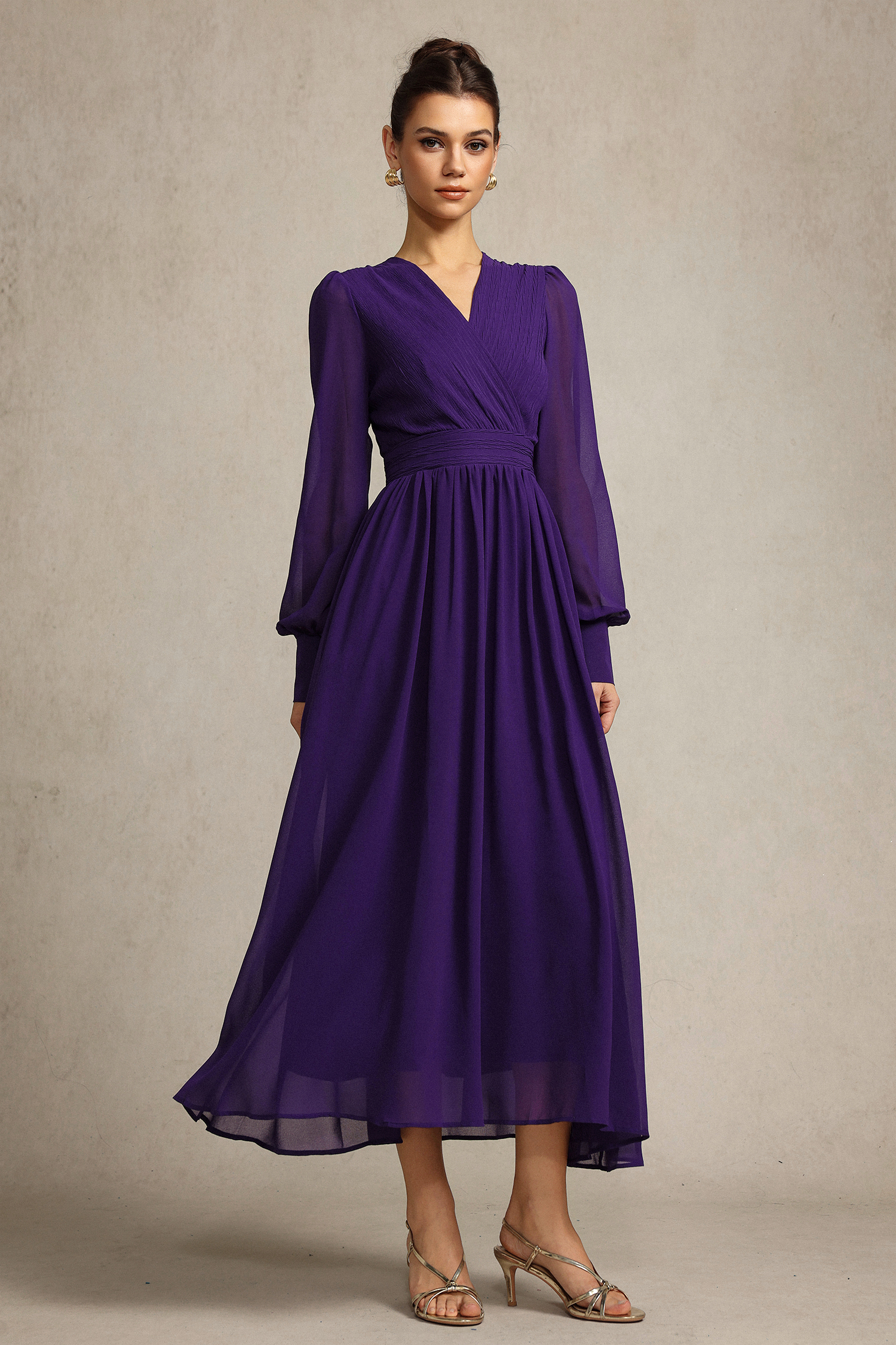 Savia Long Sleeves Folds Maxi Dress